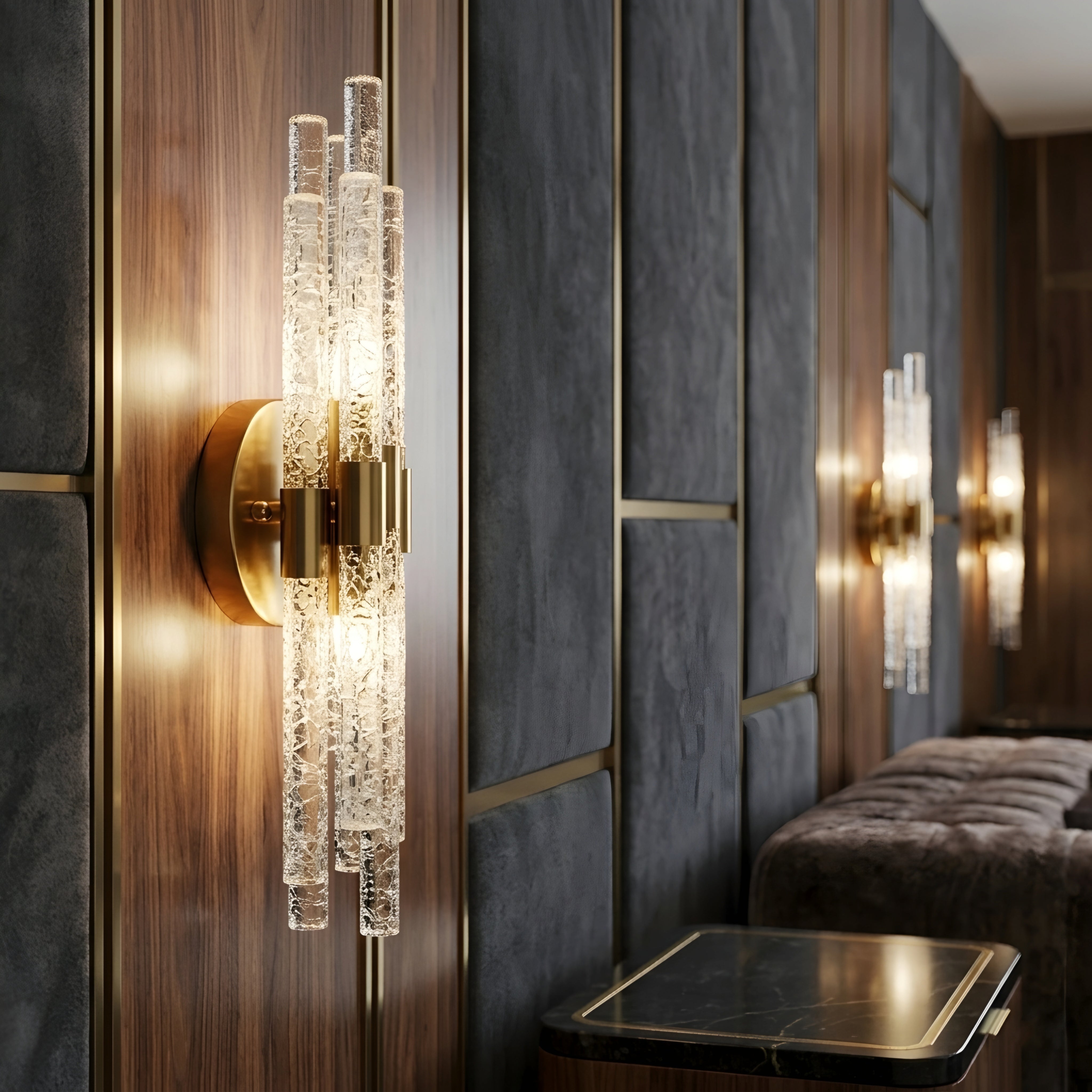 Glacien Wall Sconce – Modern Glass Rod Wall Light Fixture Gold Brass Decorative Lighting Bedroom Living Room
