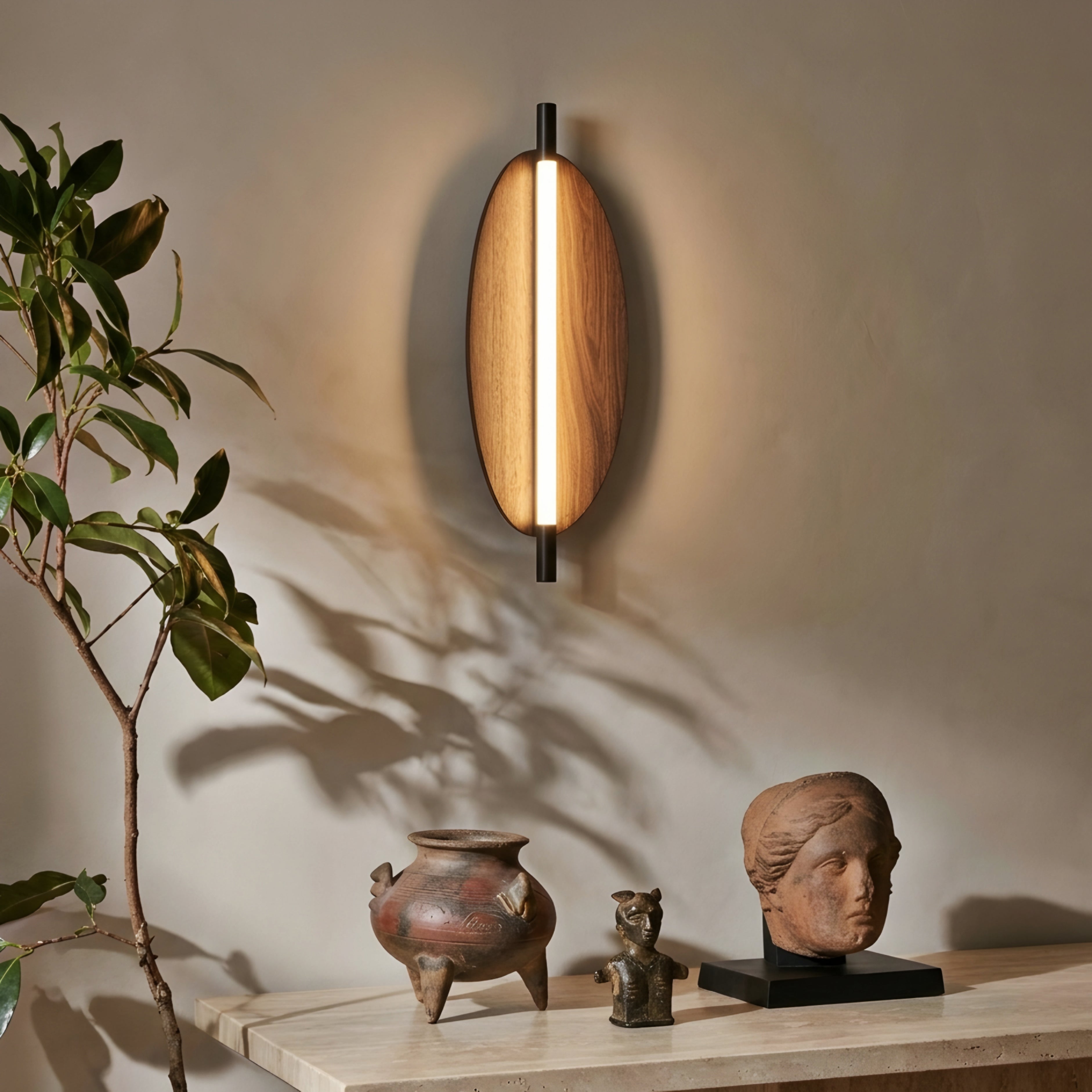 Ovaline Wall Sconce – Modern Wood LED Wall Light Living Room Bedroom Decorative Lighting Black Metal