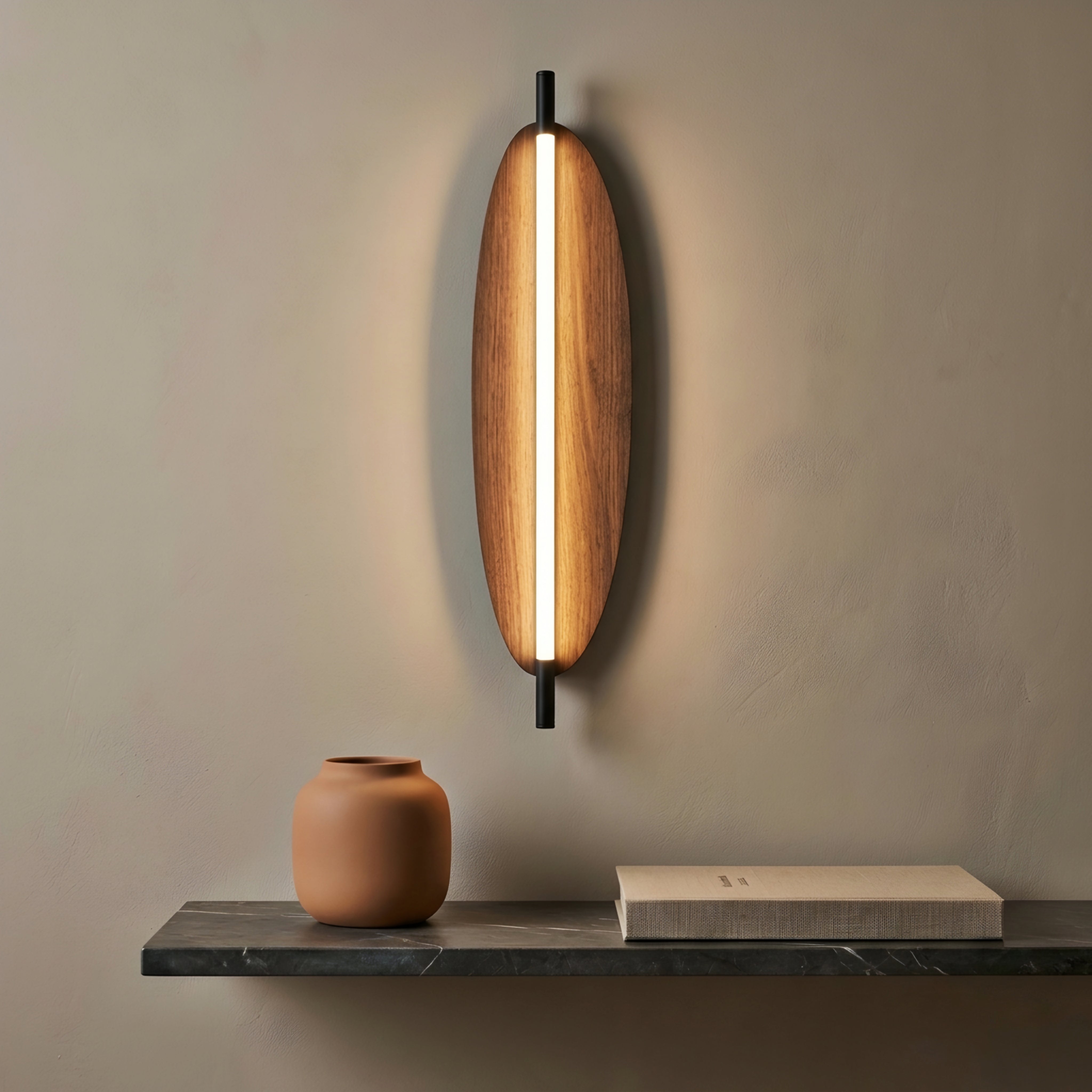 Ovaline Wall Sconce – Modern Wood LED Wall Light Living Room Bedroom Decorative Lighting Black Metal