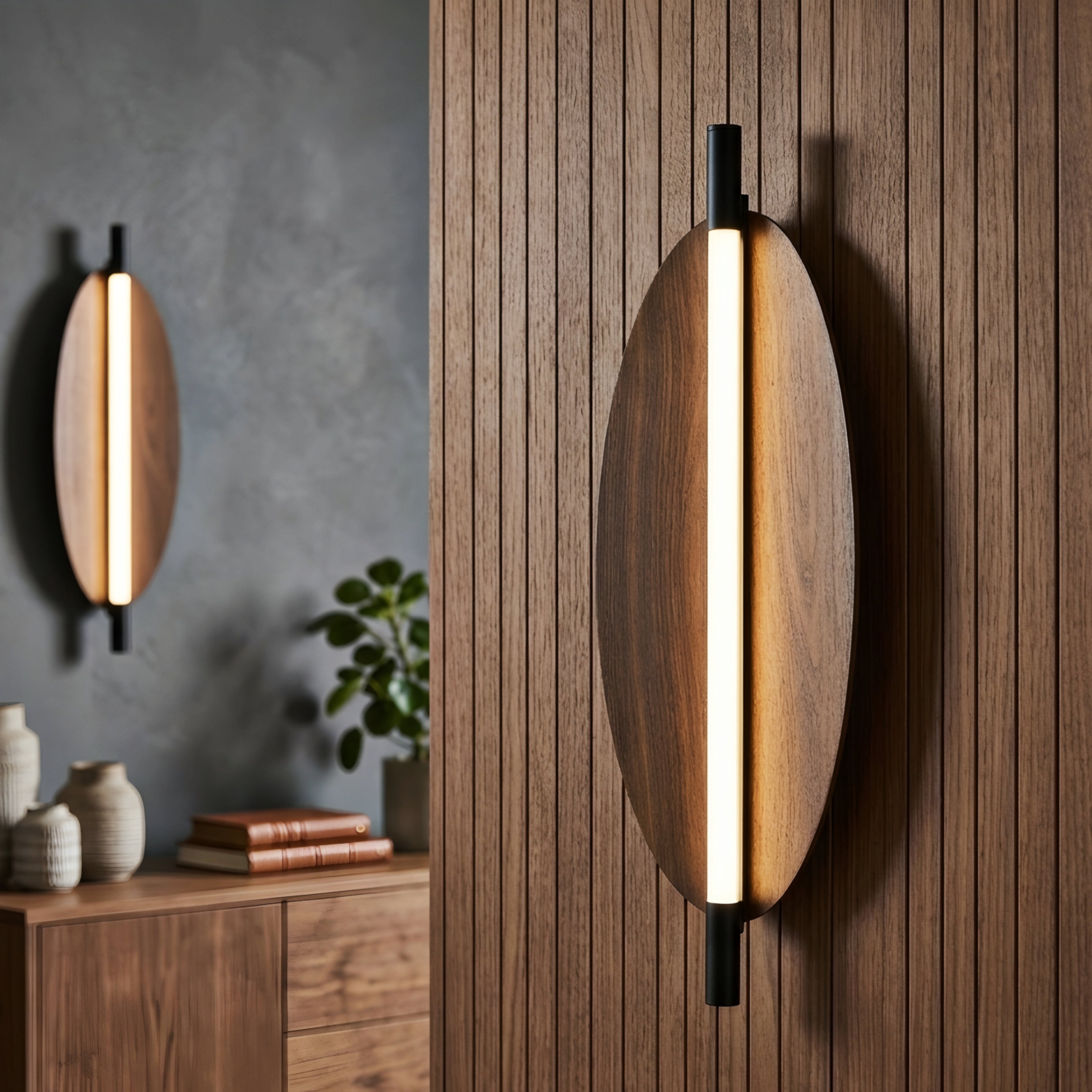 Ovaline Wall Sconce – Modern Wood LED Wall Light Living Room Bedroom Decorative Lighting Black Metal