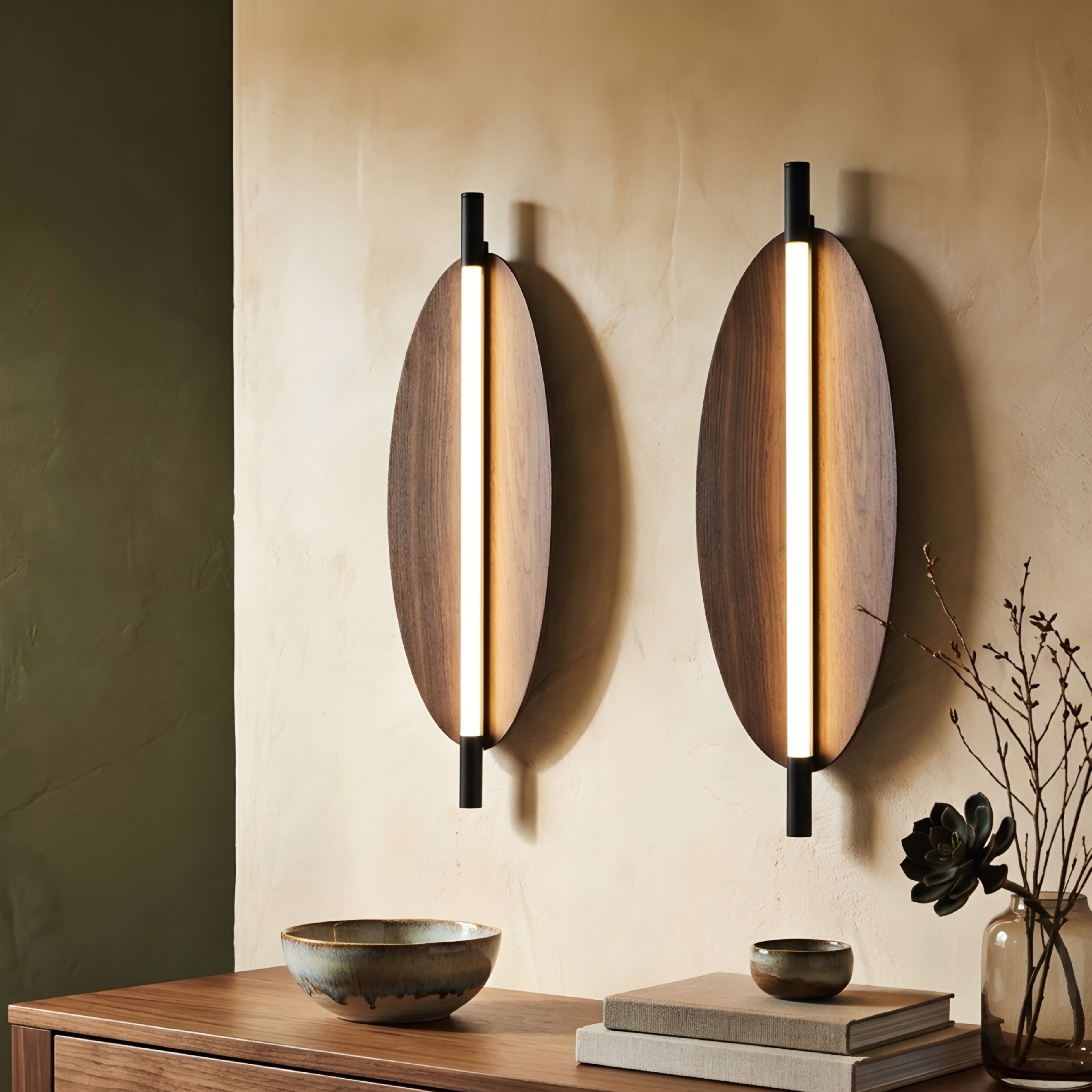 Ovaline Wall Sconce – Modern Wood LED Wall Light Living Room Bedroom Decorative Lighting Black Metal