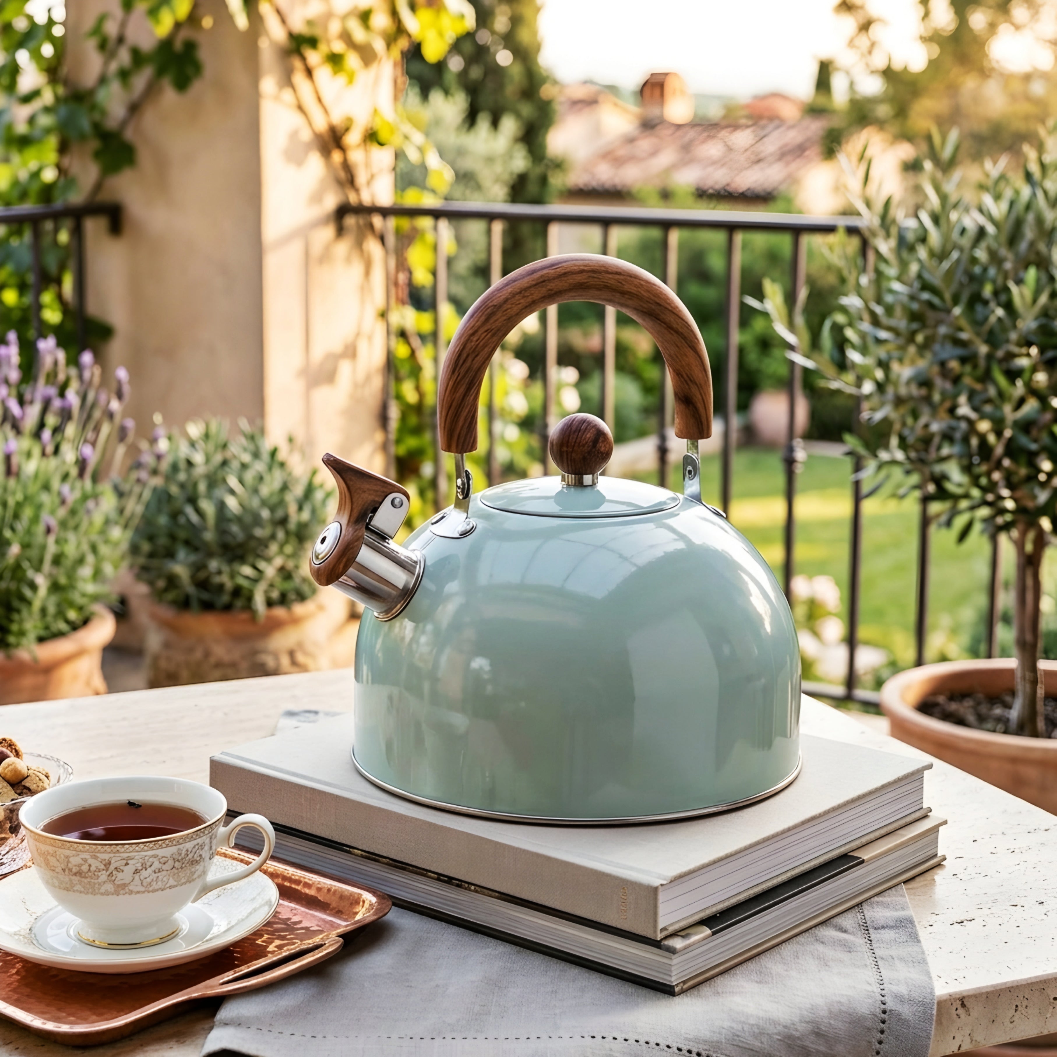 Calder Wood Handle Tea Kettle – Stovetop Whistling Kettle Stainless Steel Mint Green Enamel Finish