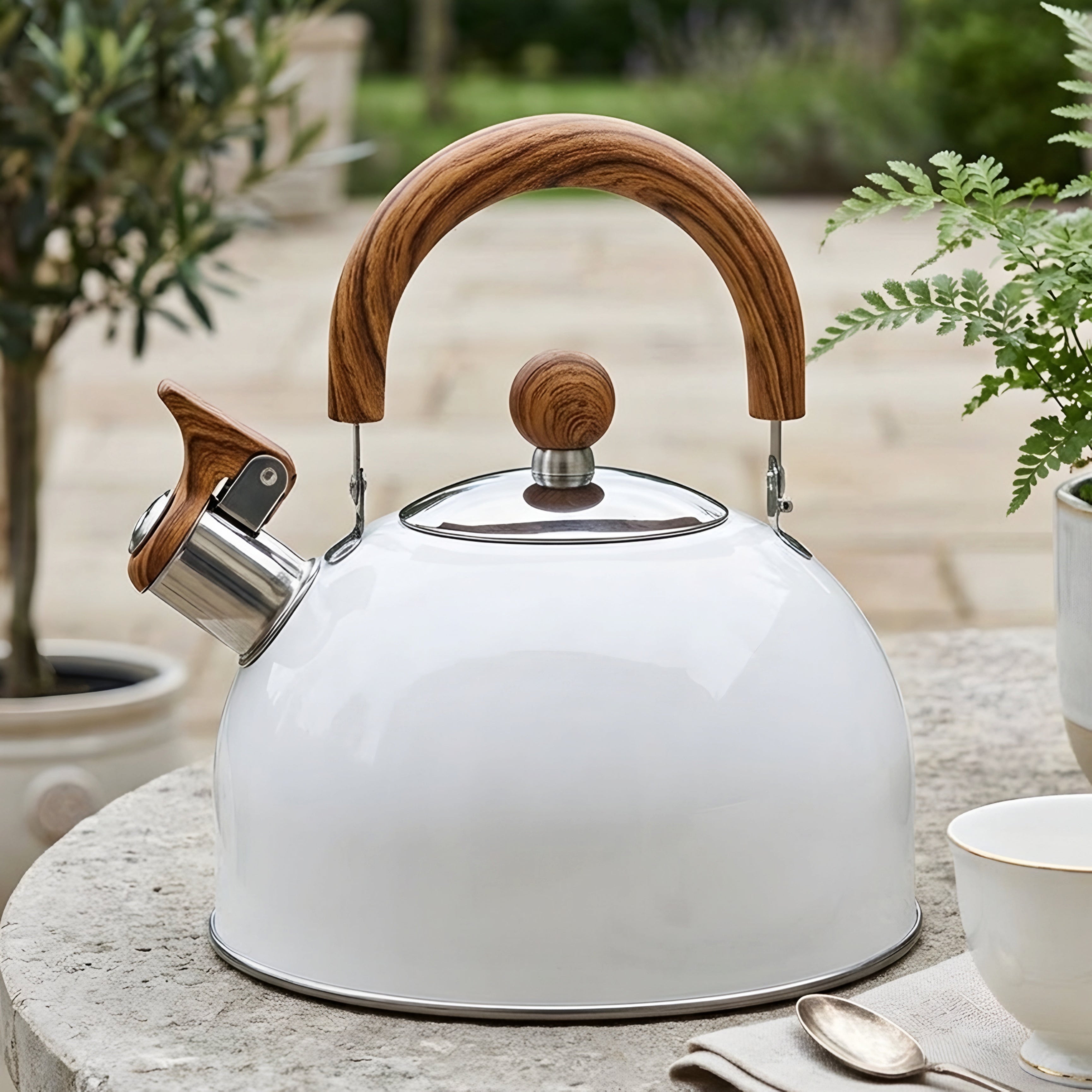 Calder Wood Handle Tea Kettle – Stovetop Whistling Kettle Stainless Steel Mint Green Enamel Finish