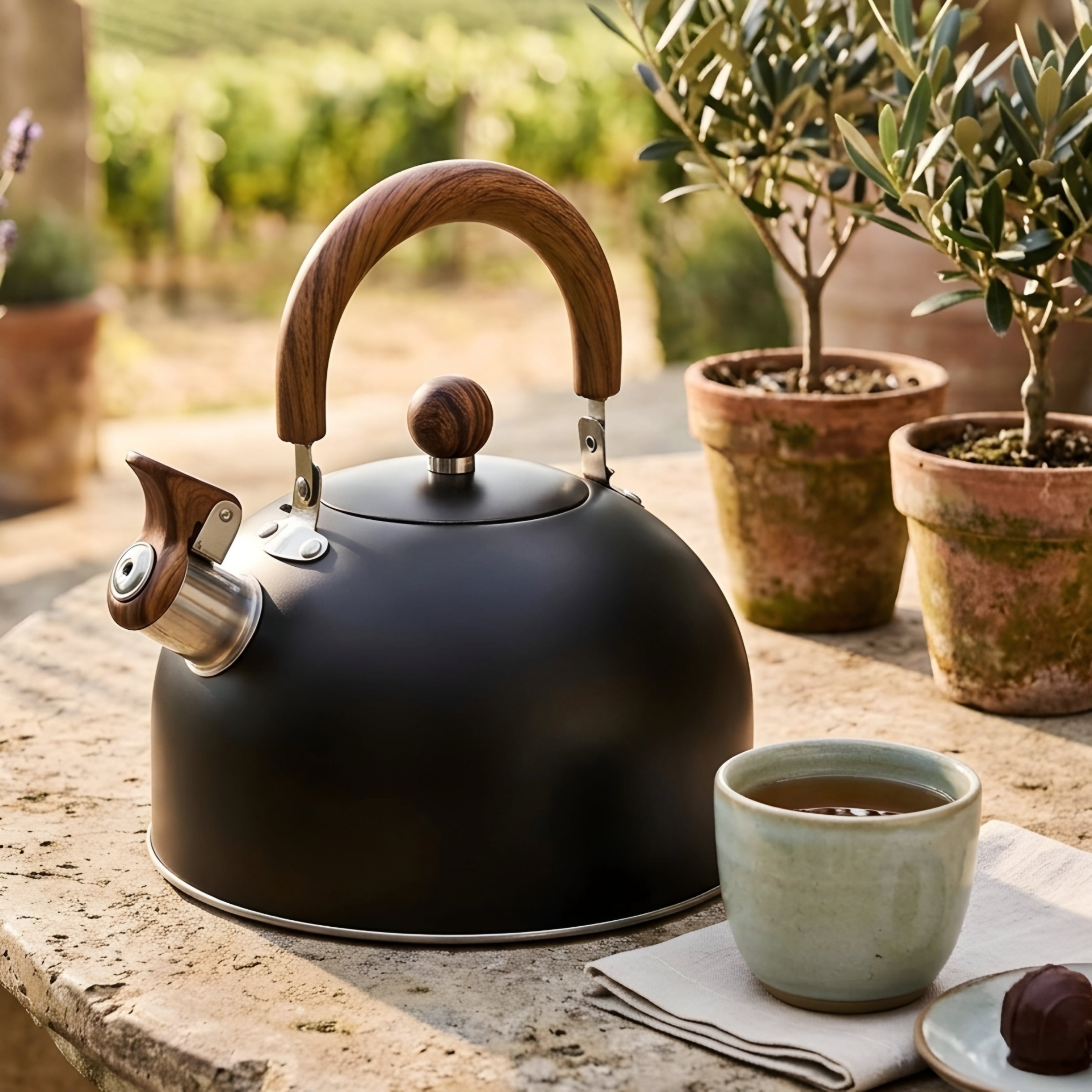 Calder Wood Handle Tea Kettle – Stovetop Whistling Kettle Stainless Steel Mint Green Enamel Finish