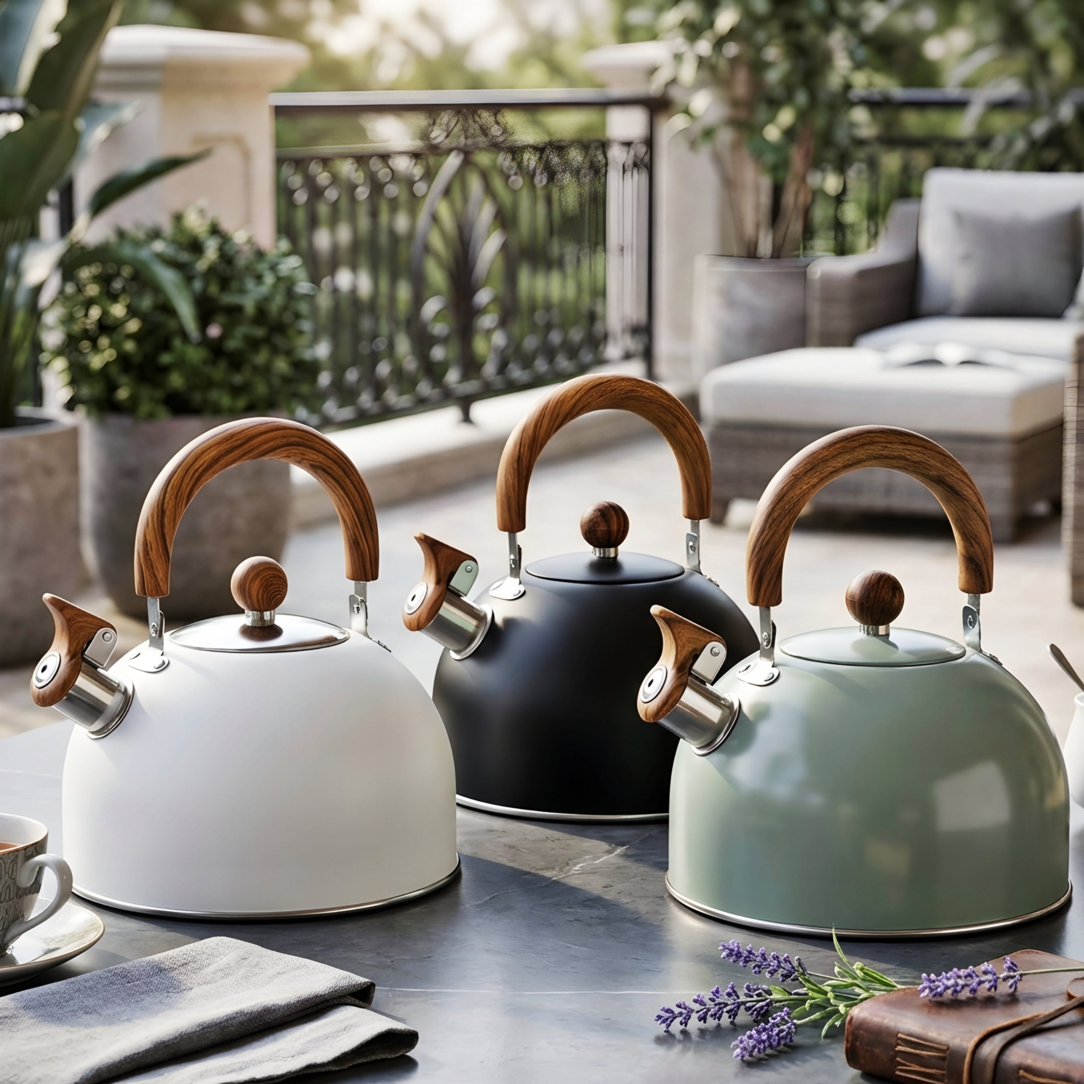 Calder Wood Handle Tea Kettle – Stovetop Whistling Kettle Stainless Steel Mint Green Enamel Finish