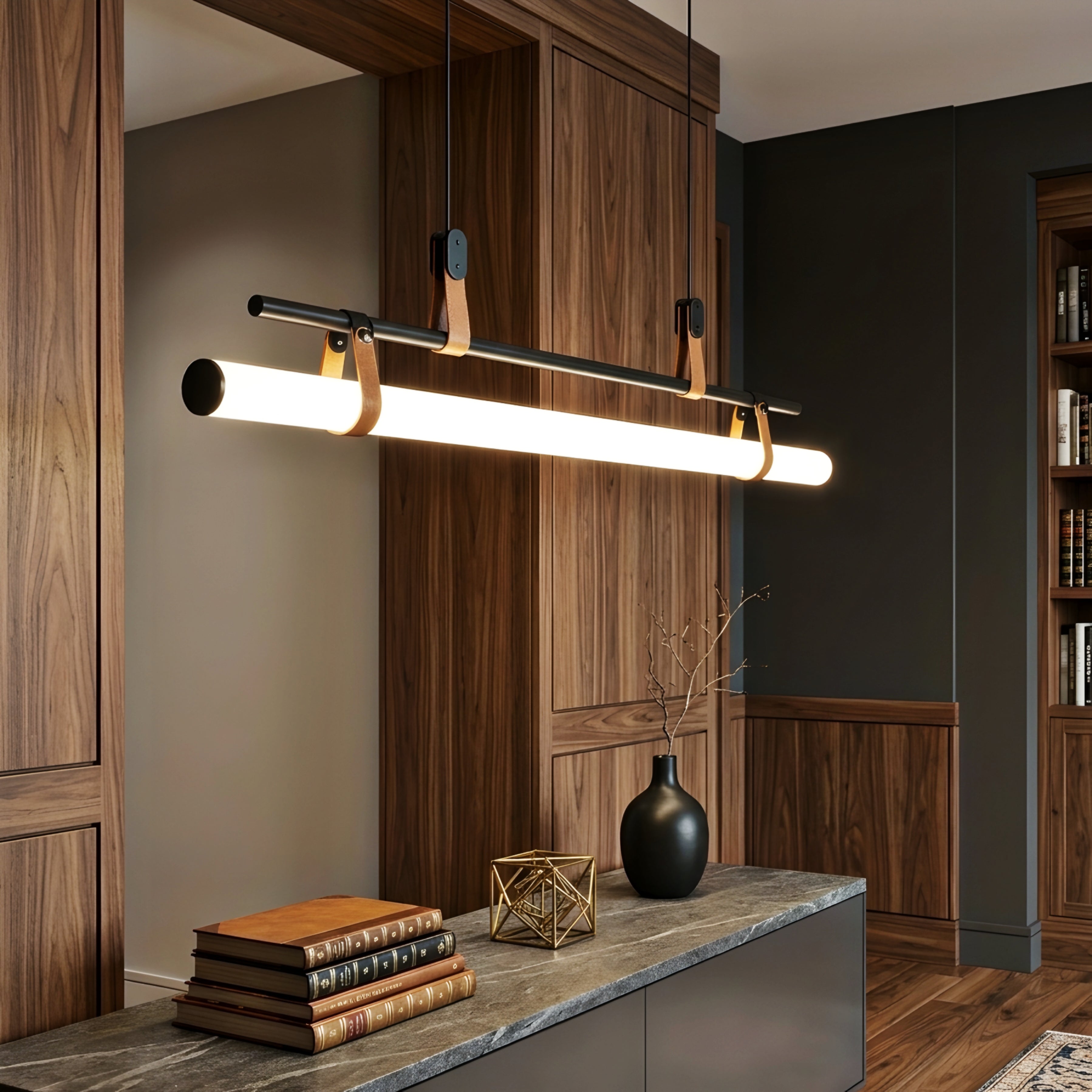 Calvero Linear Pendant Light – Modern Black Copper Tube Ceiling Light Kitchen Island Dining Room