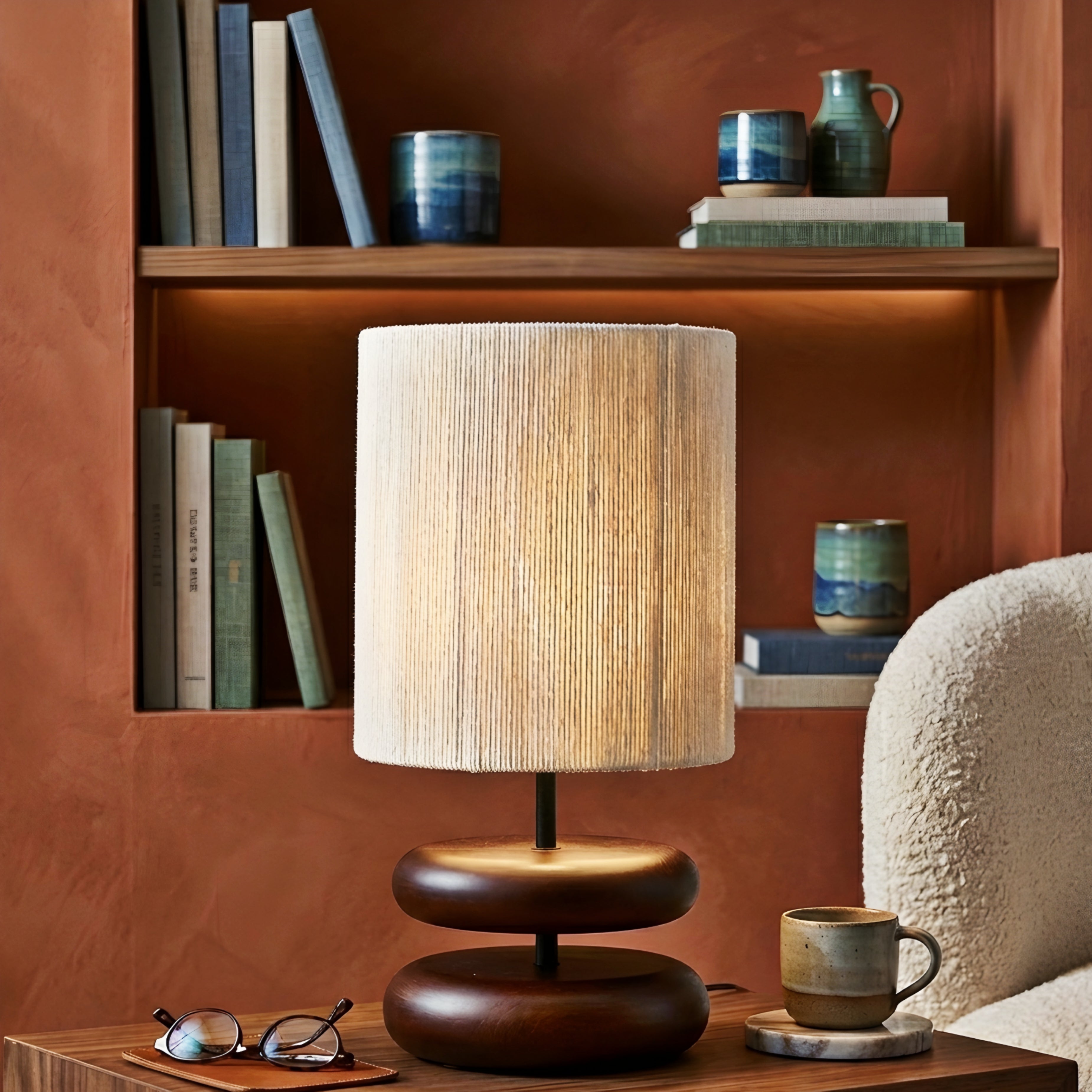 Eleton Table Lamp – Modern Wooden Base Fabric Shade Living Room Bedroom Decorative Lighting