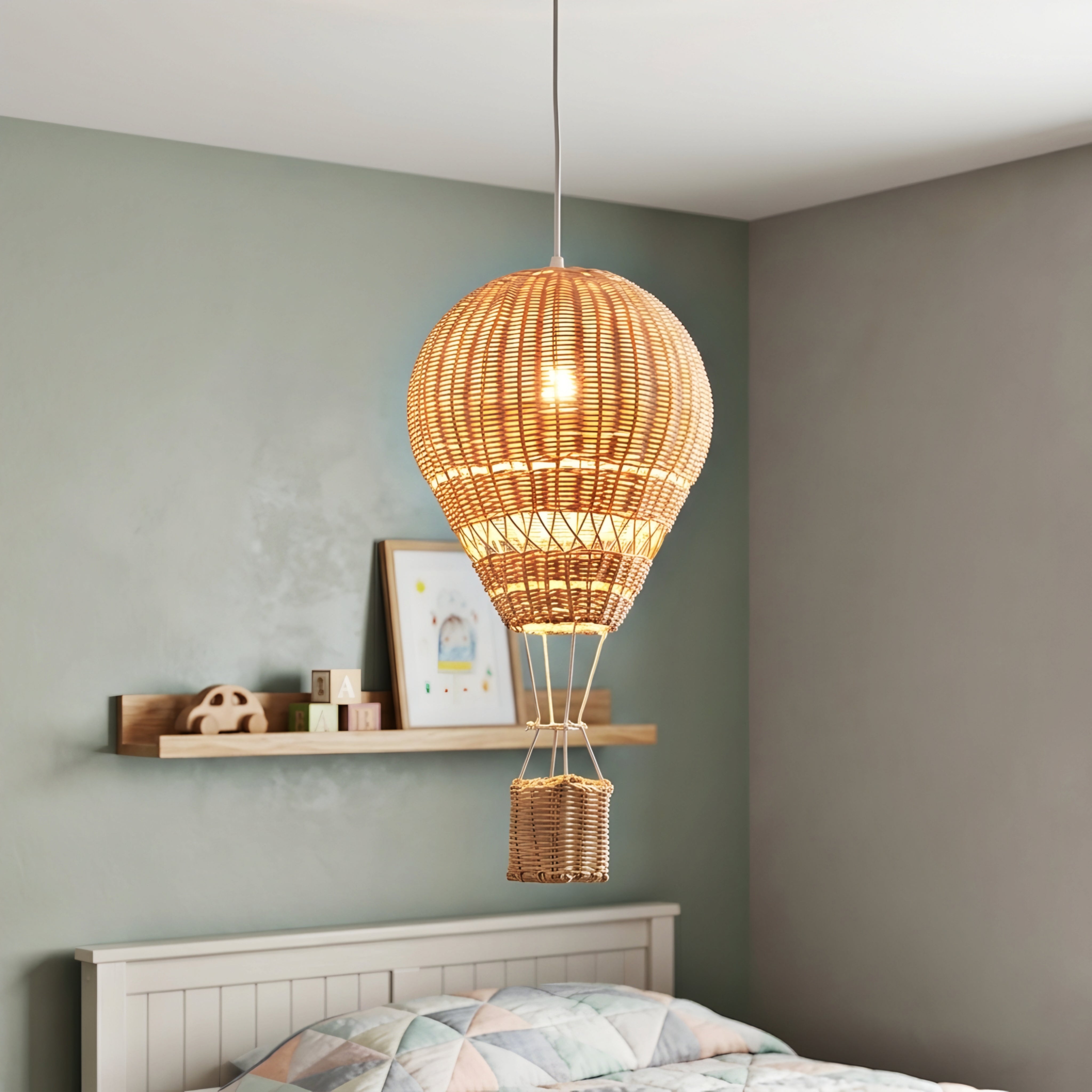 Aerlume Balloon Pendant Light – Handwoven Rattan Hot Air Balloon Ceiling Light Nursery Bedroom Decorative Lighting