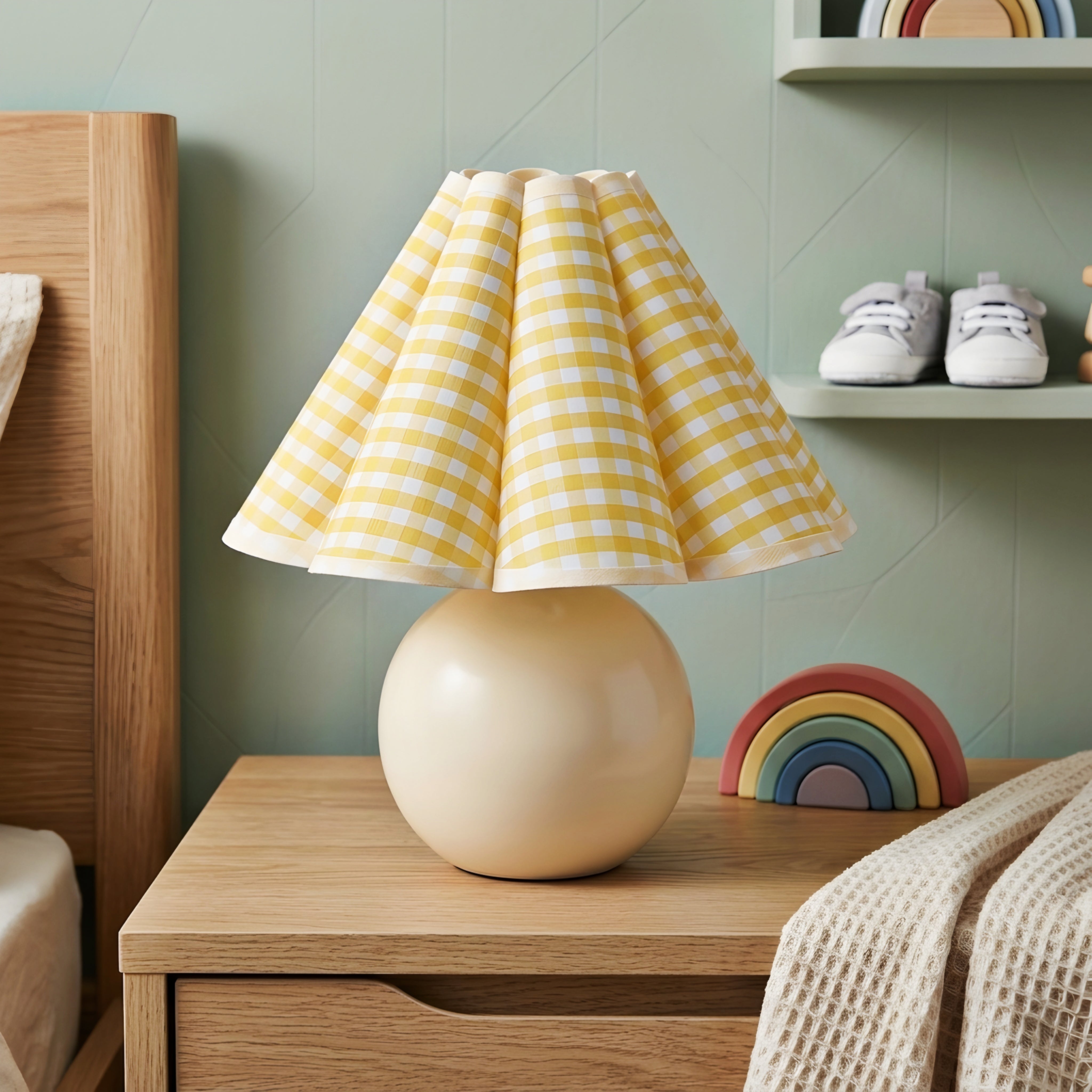 Sasha Pleat Table Lamp – Yellow Gingham Fabric Shade Ceramic Base Bedroom Nightstand Decorative Lighting
