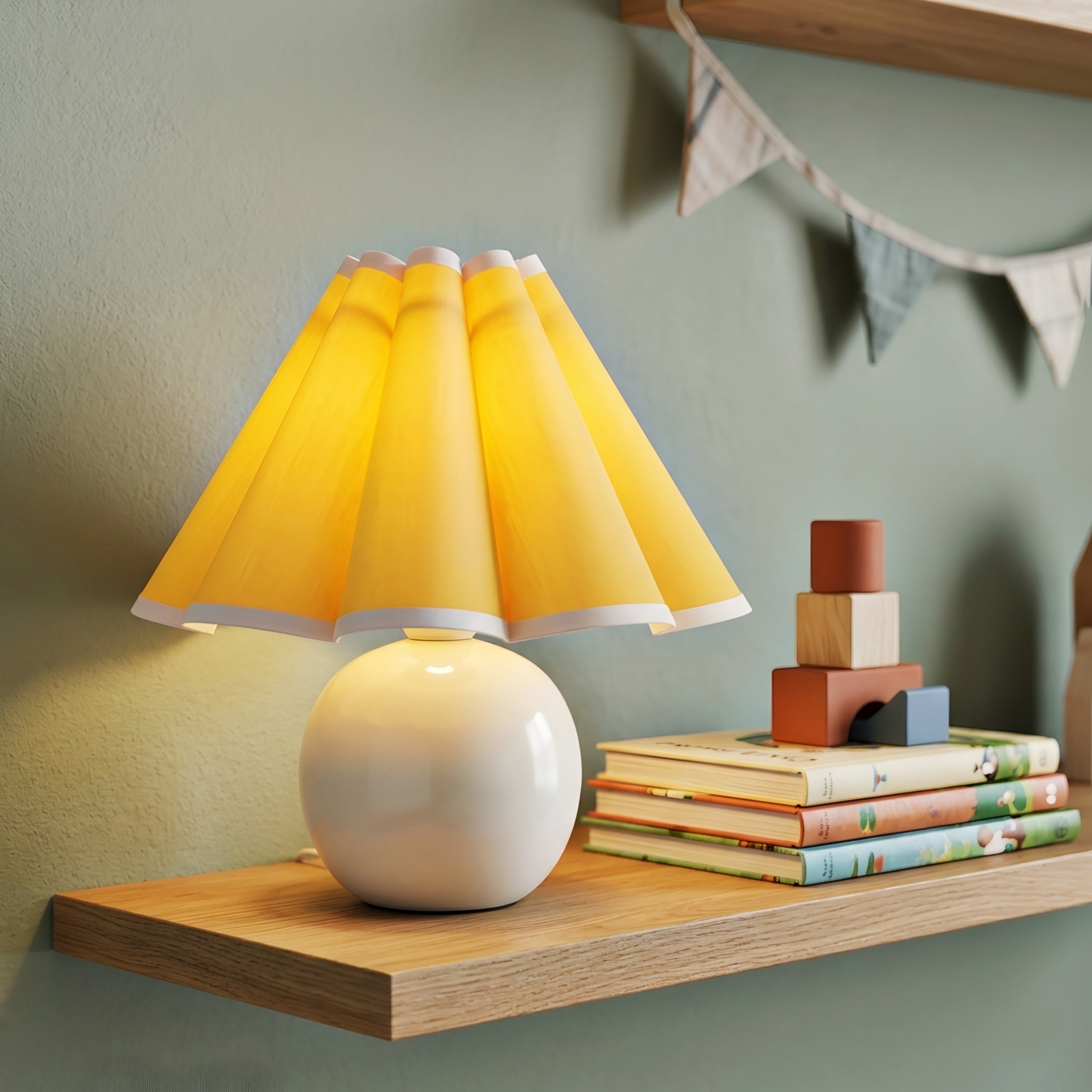 Sasha Pleat Table Lamp – Yellow Gingham Fabric Shade Ceramic Base Bedroom Nightstand Decorative Lighting