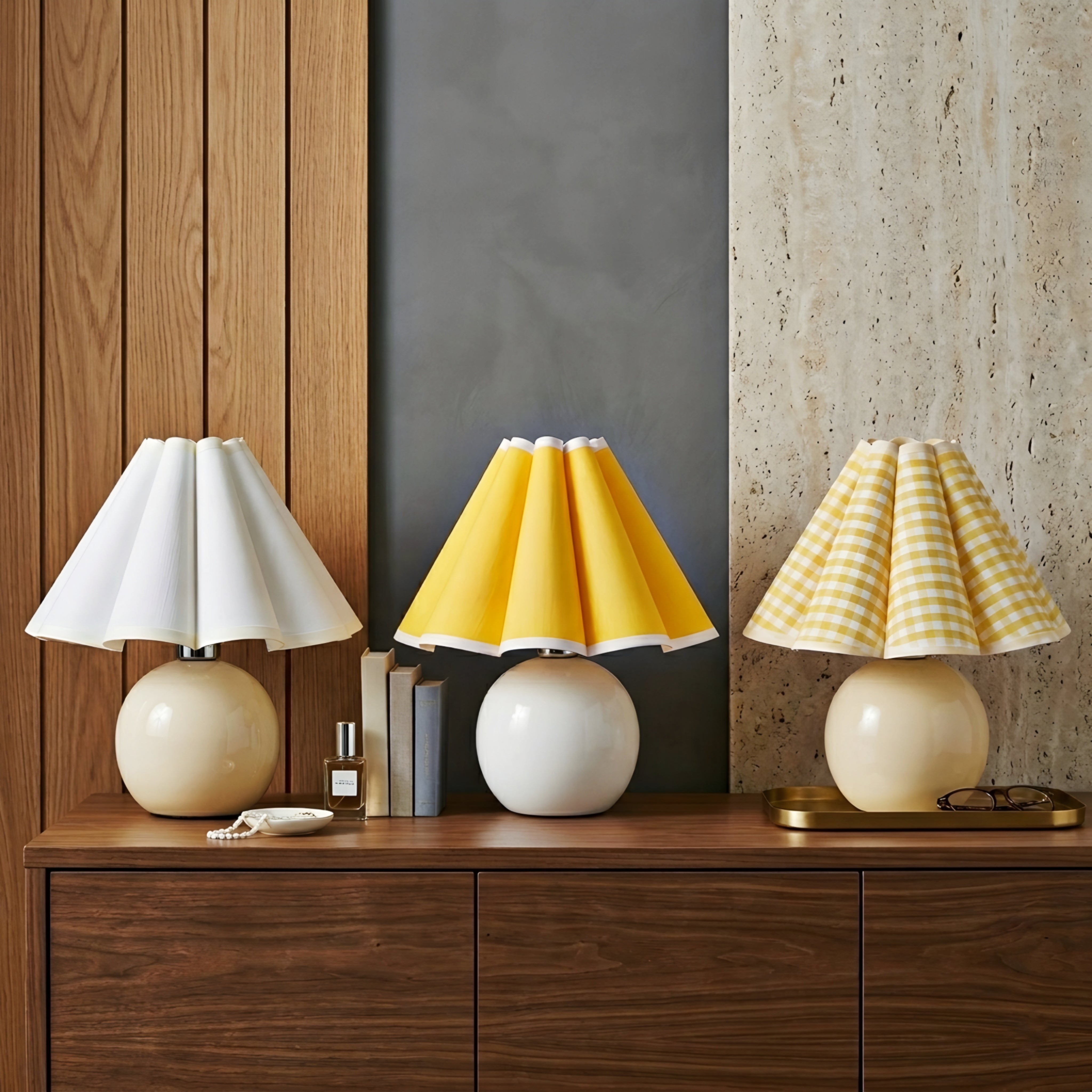 Sasha Pleat Table Lamp – Yellow Gingham Fabric Shade Ceramic Base Bedroom Nightstand Decorative Lighting