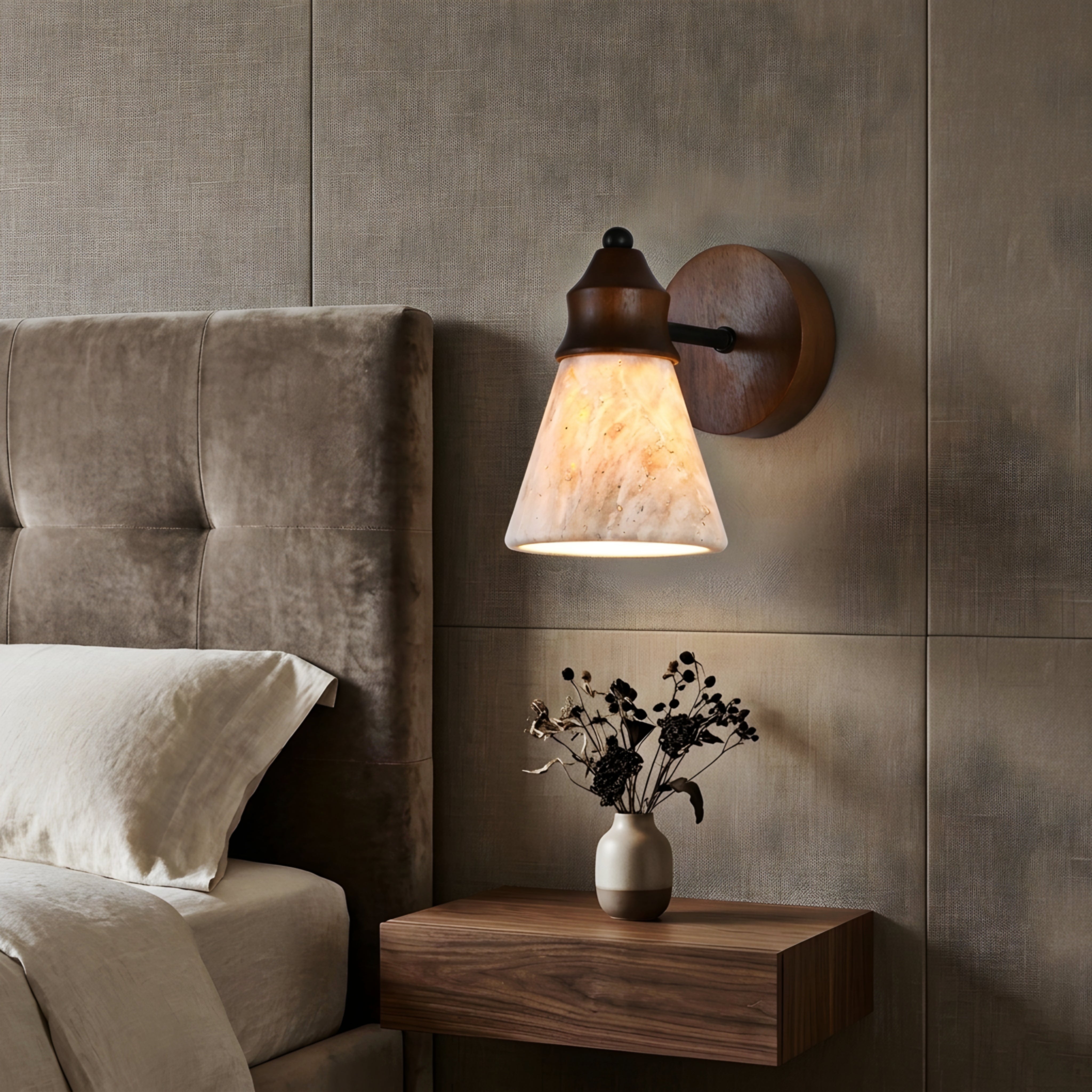 Cavallo Natural Stone Wall Sconce – Handcrafted Concrete Shade Wood Backplate Decorative Lighting Bedroom