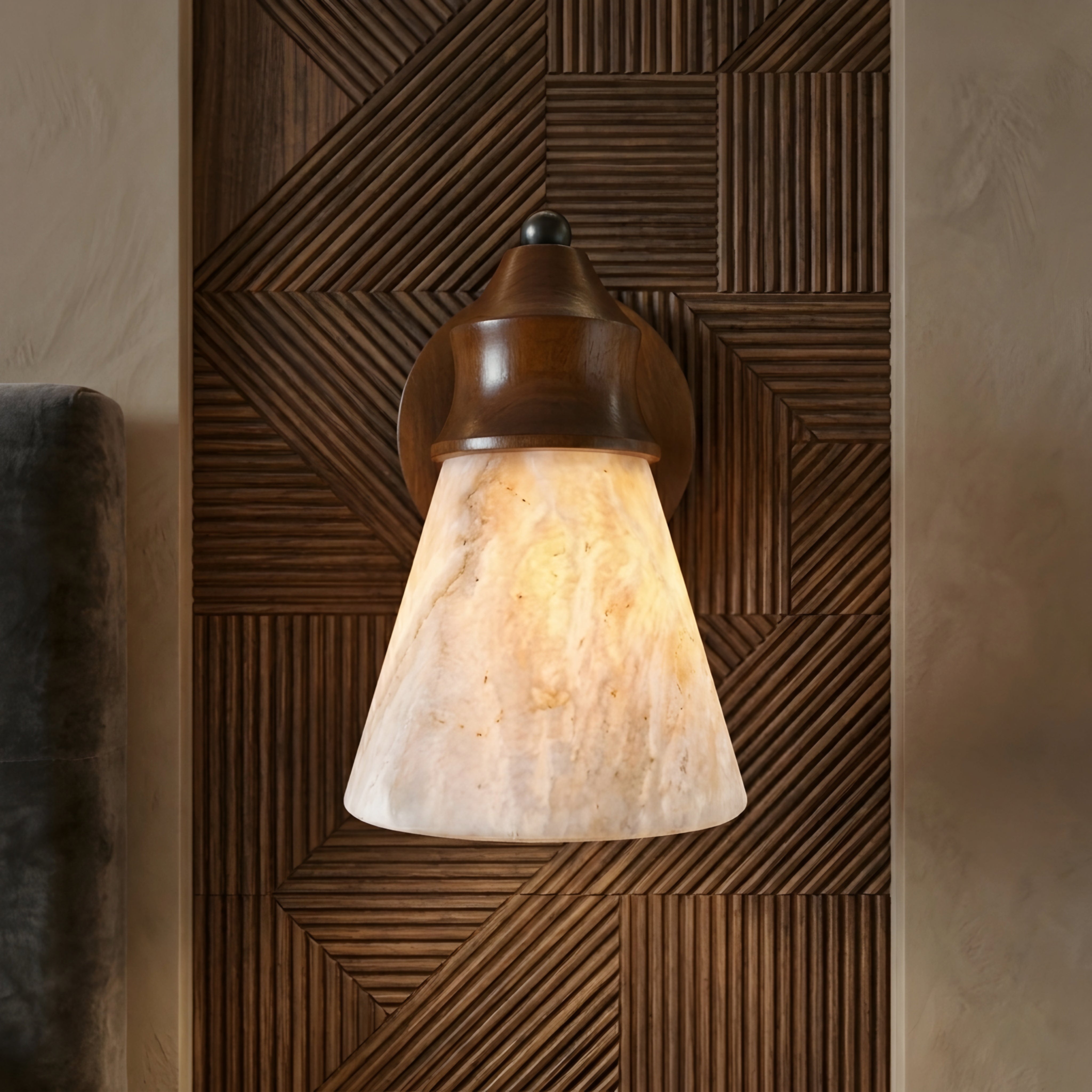 Cavallo Natural Stone Wall Sconce – Handcrafted Concrete Shade Wood Backplate Decorative Lighting Bedroom