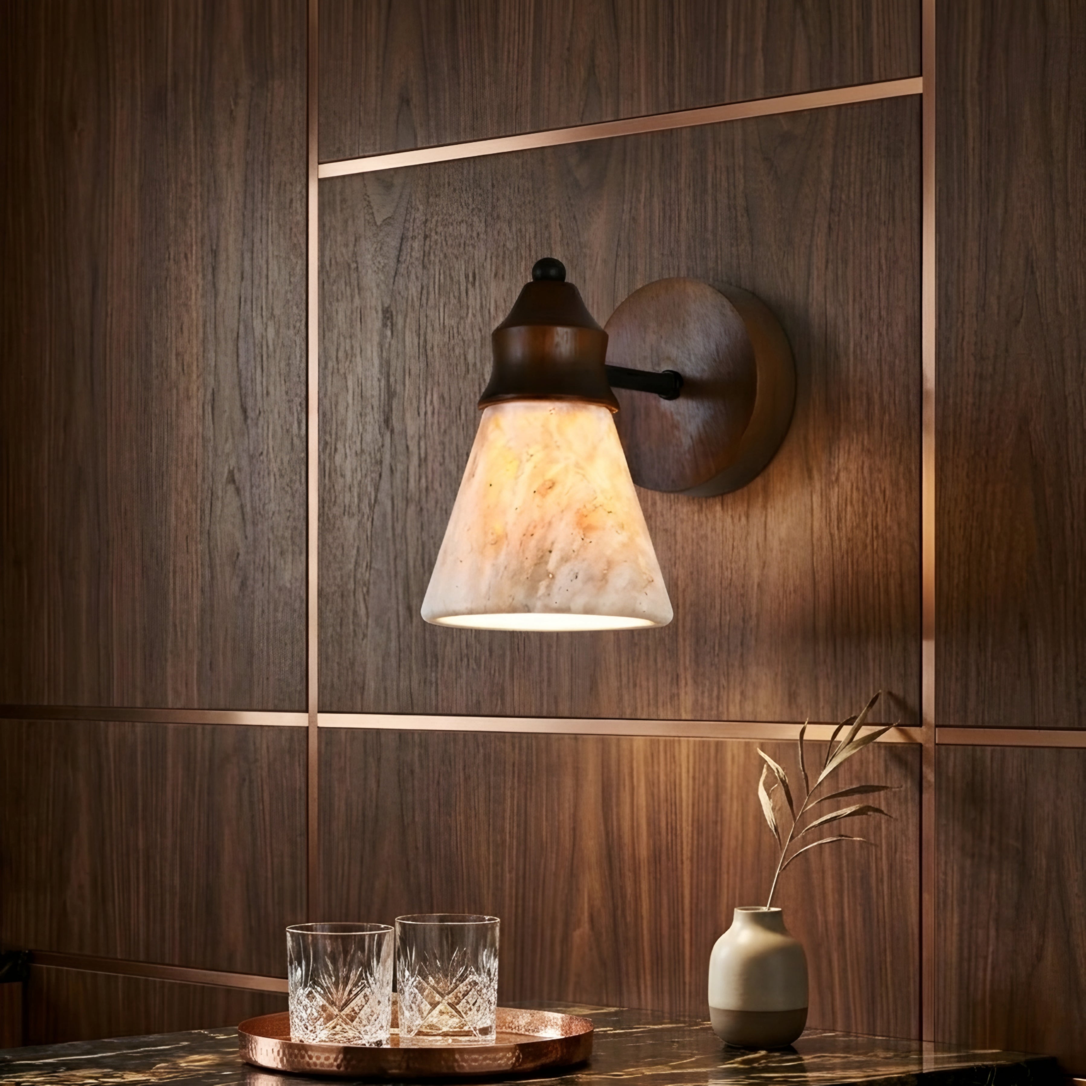 Cavallo Natural Stone Wall Sconce – Handcrafted Concrete Shade Wood Backplate Decorative Lighting Bedroom