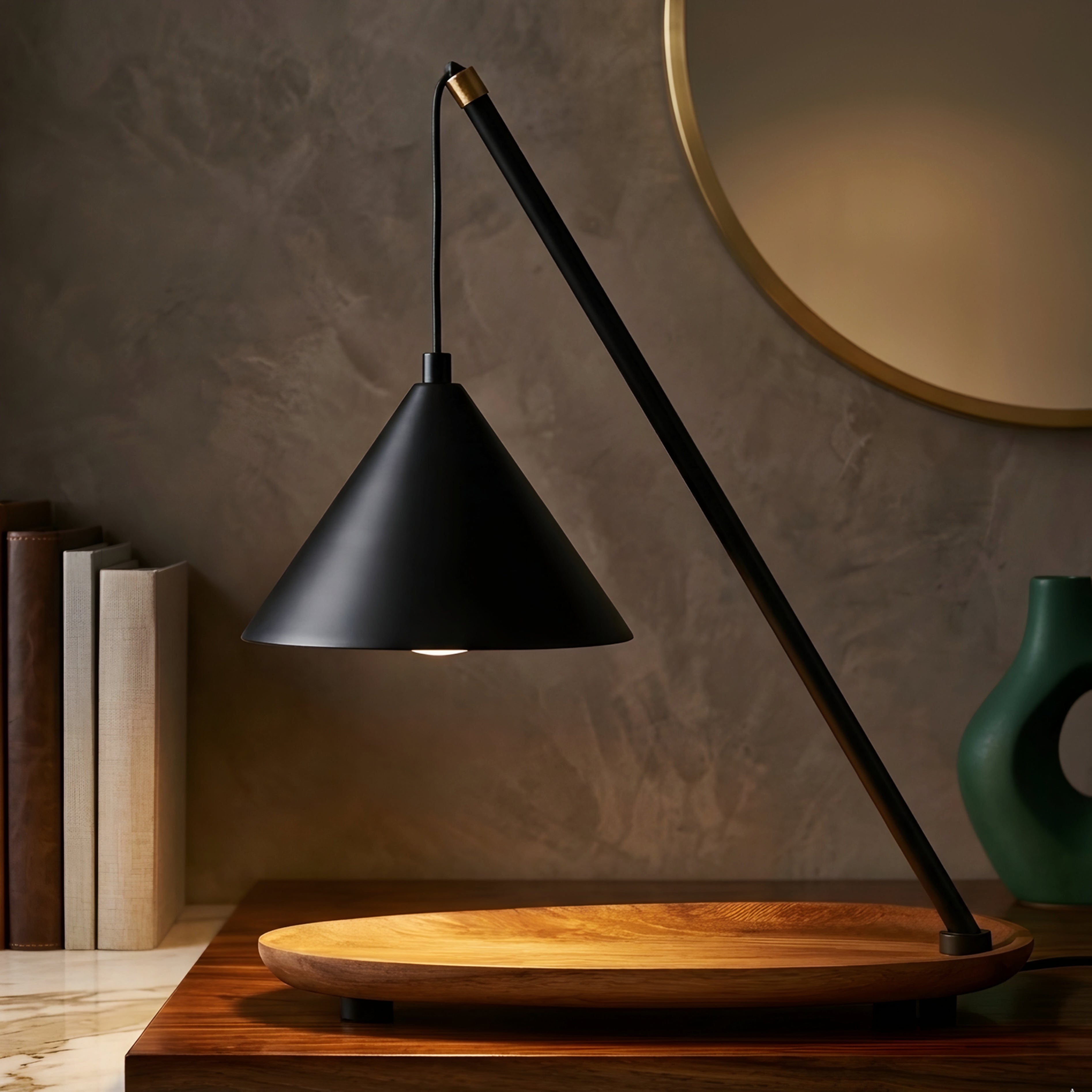 Angulo Arc Desk Lamp – Modern Black Metal Table Lamp Adjustable Cone Shade Bedroom Office Task Lighting