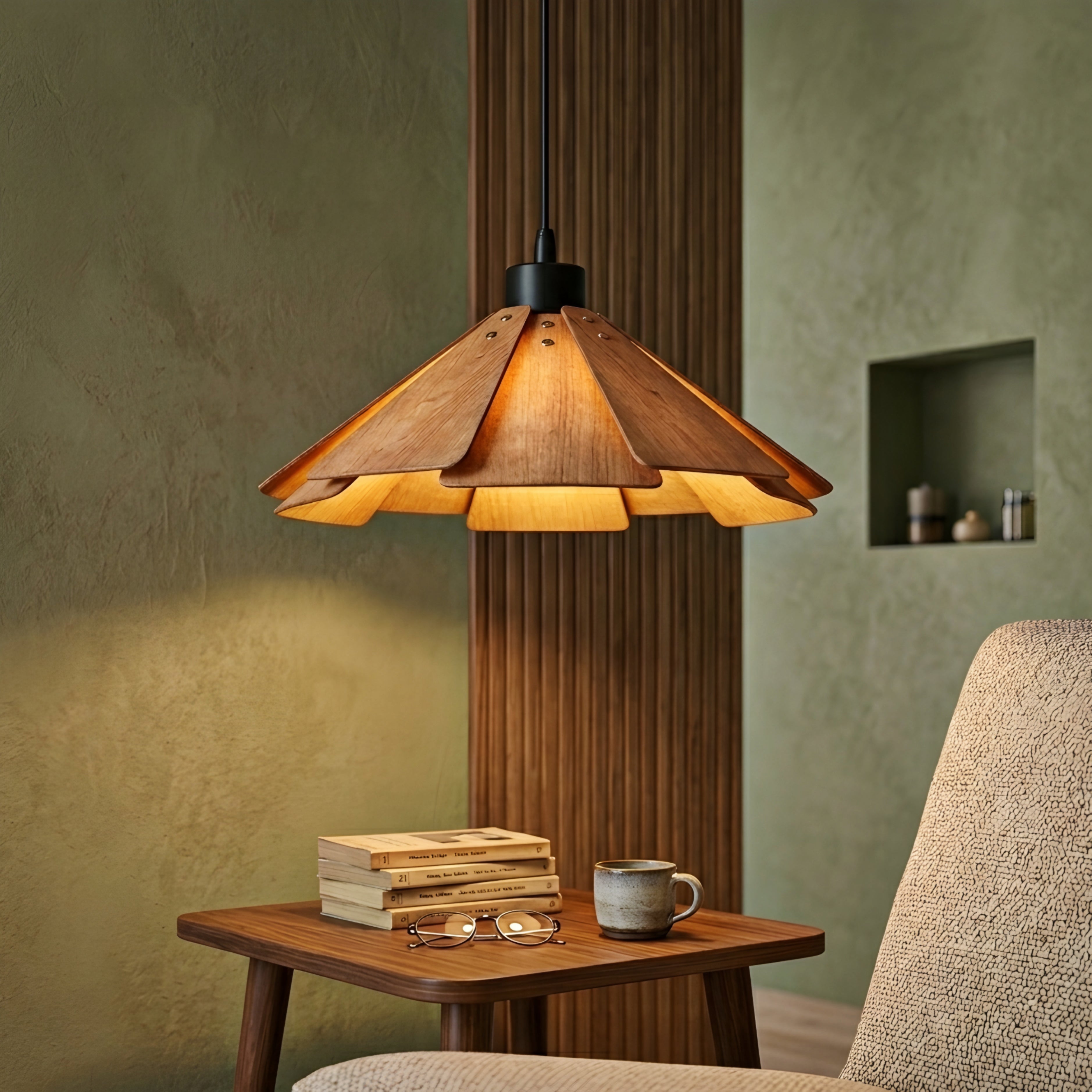 Origami Cone Pendant Light – Decorative Lighting Wood Shade Kitchen Island Dining Room Ceiling