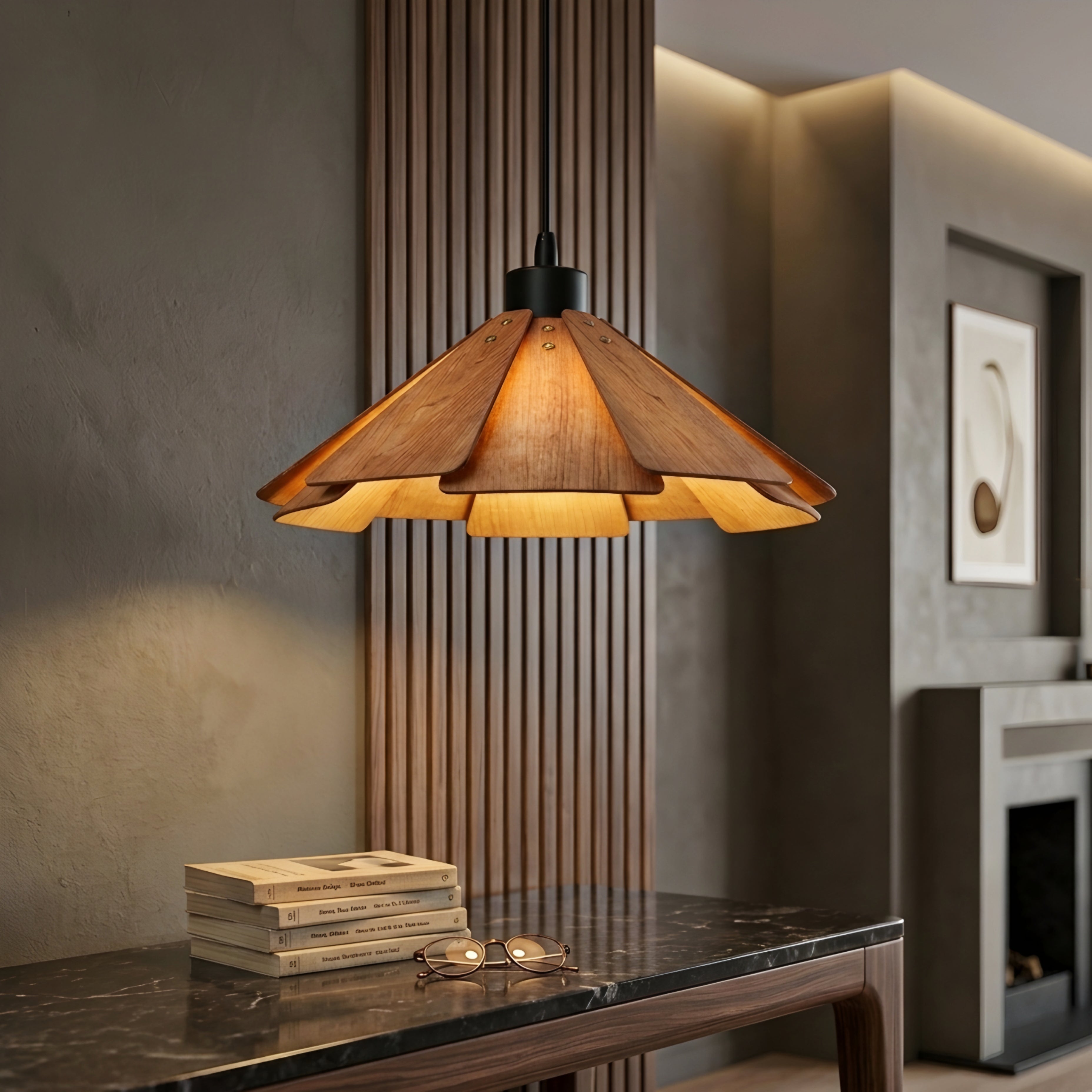 Origami Cone Pendant Light – Decorative Lighting Wood Shade Kitchen Island Dining Room Ceiling