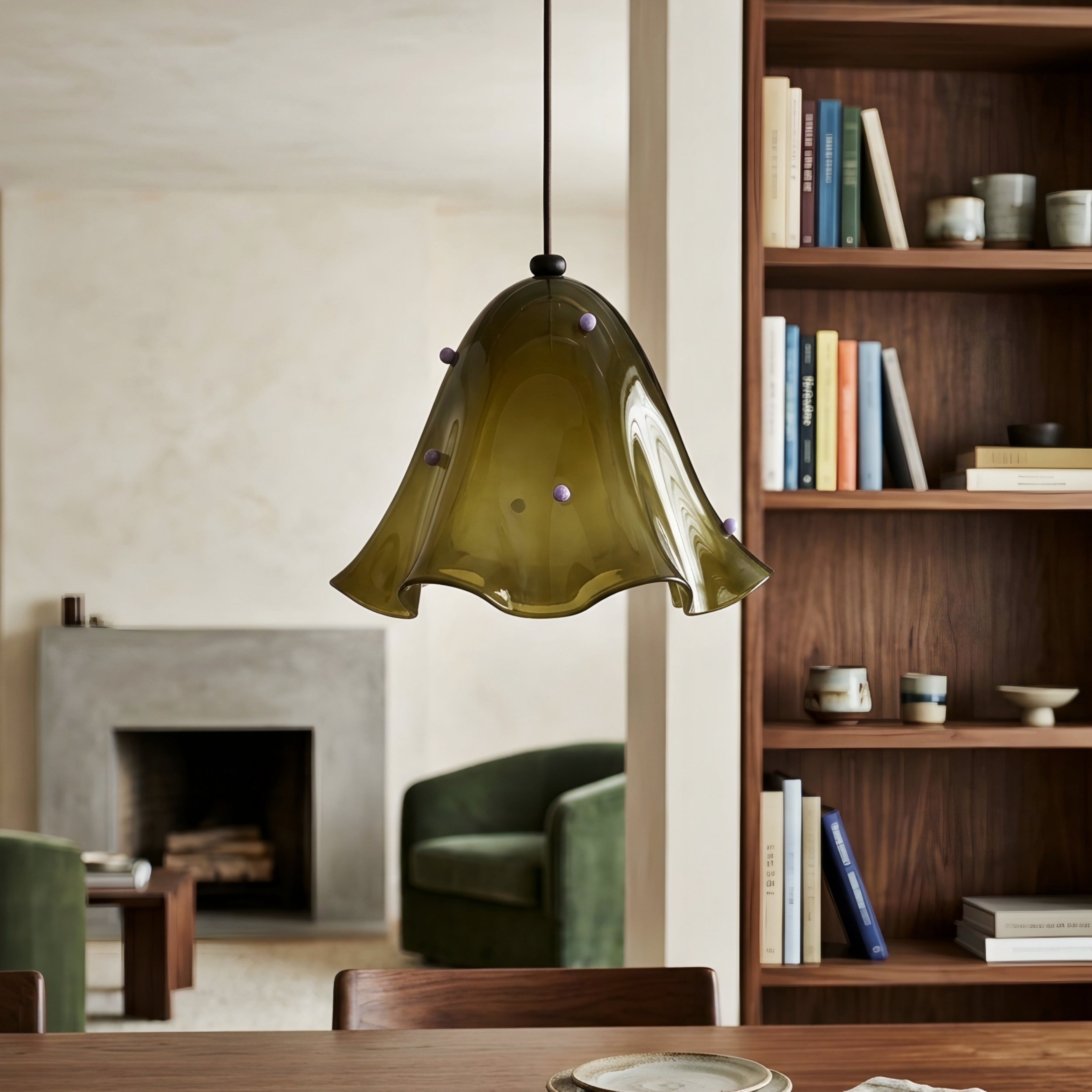 Campanella Bell Pendant Light – Olive Green Glass Ceiling Light Decorative Kitchen Island Dining Room