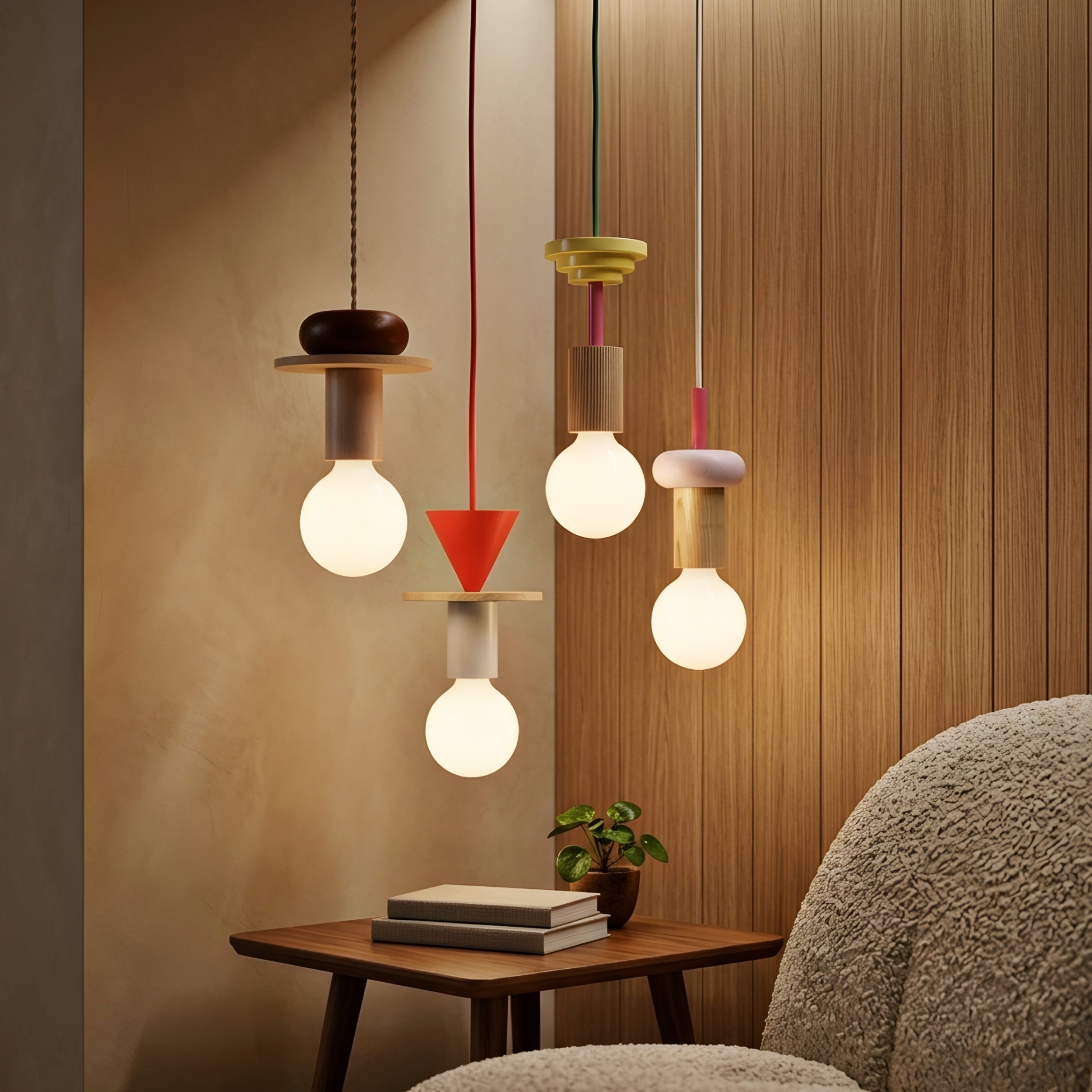 Stratton Geometric Pendant Light – Colorful Wooden Hanging Ceiling Lamp Modern Kitchen Island Dining Room
