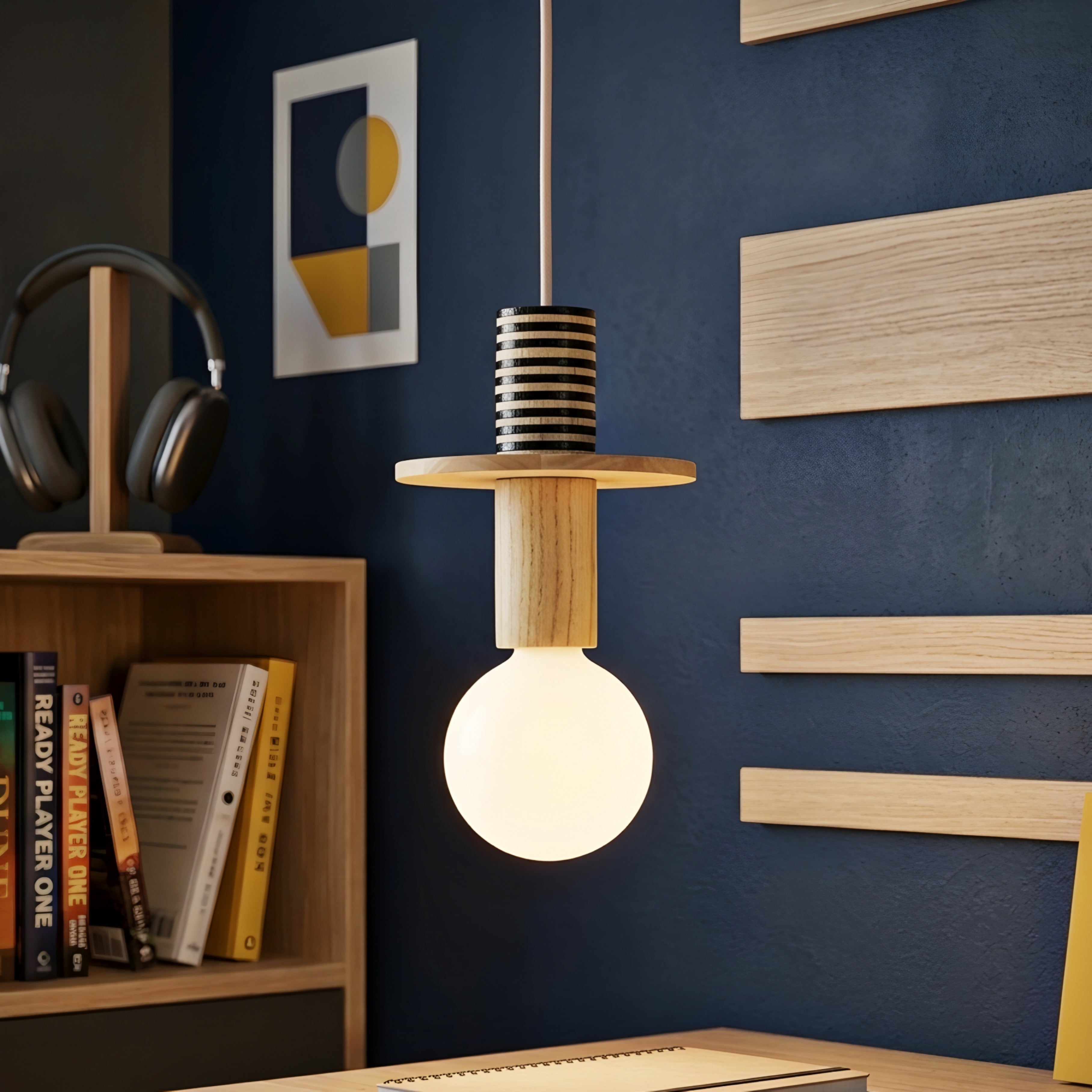 Stratton Geometric Pendant Light – Colorful Wooden Hanging Ceiling Lamp Modern Kitchen Island Dining Room