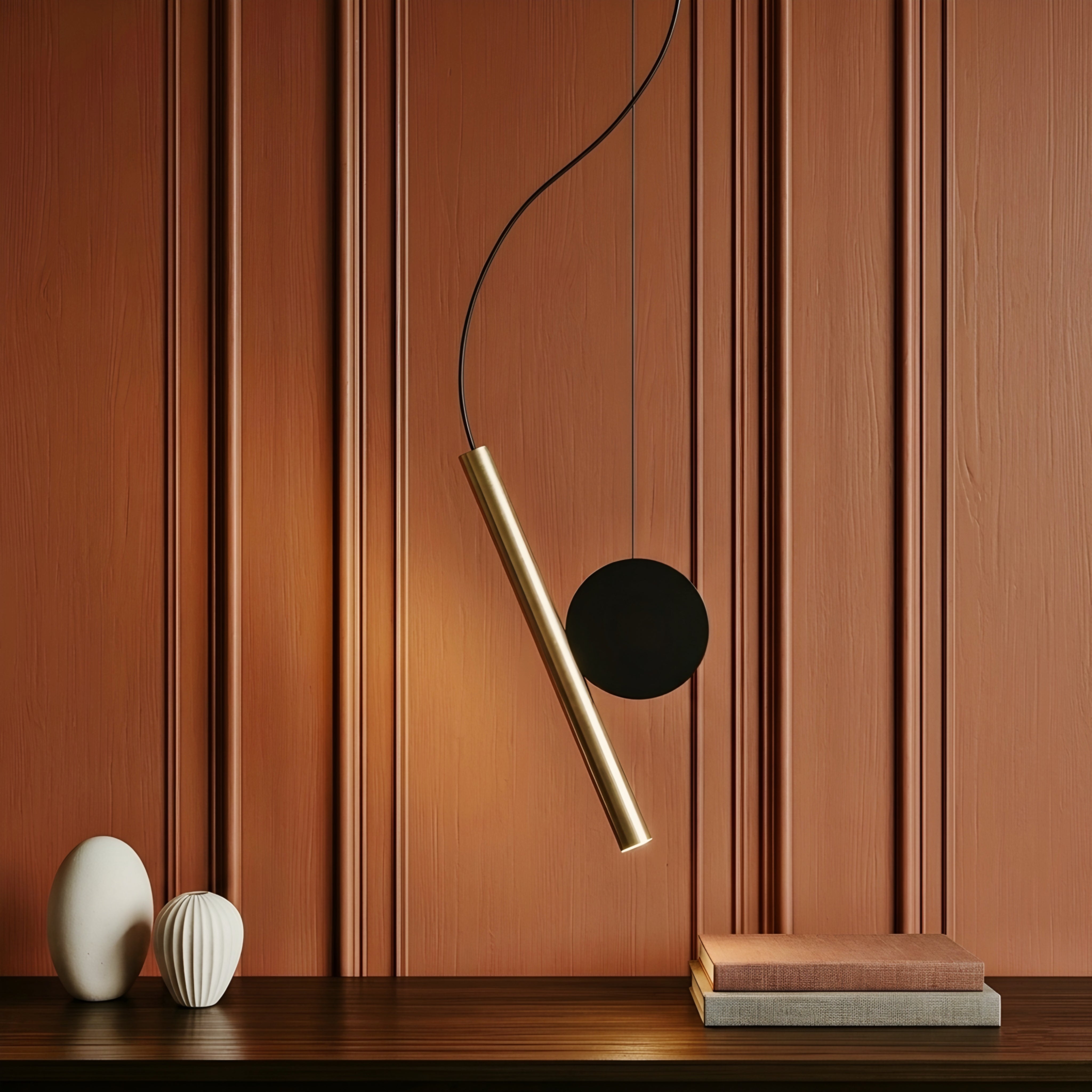 Axiom Pendant Light – Modern Geometric Brass Black Cylinder Disc Hanging Ceiling Fixture Dining Room
