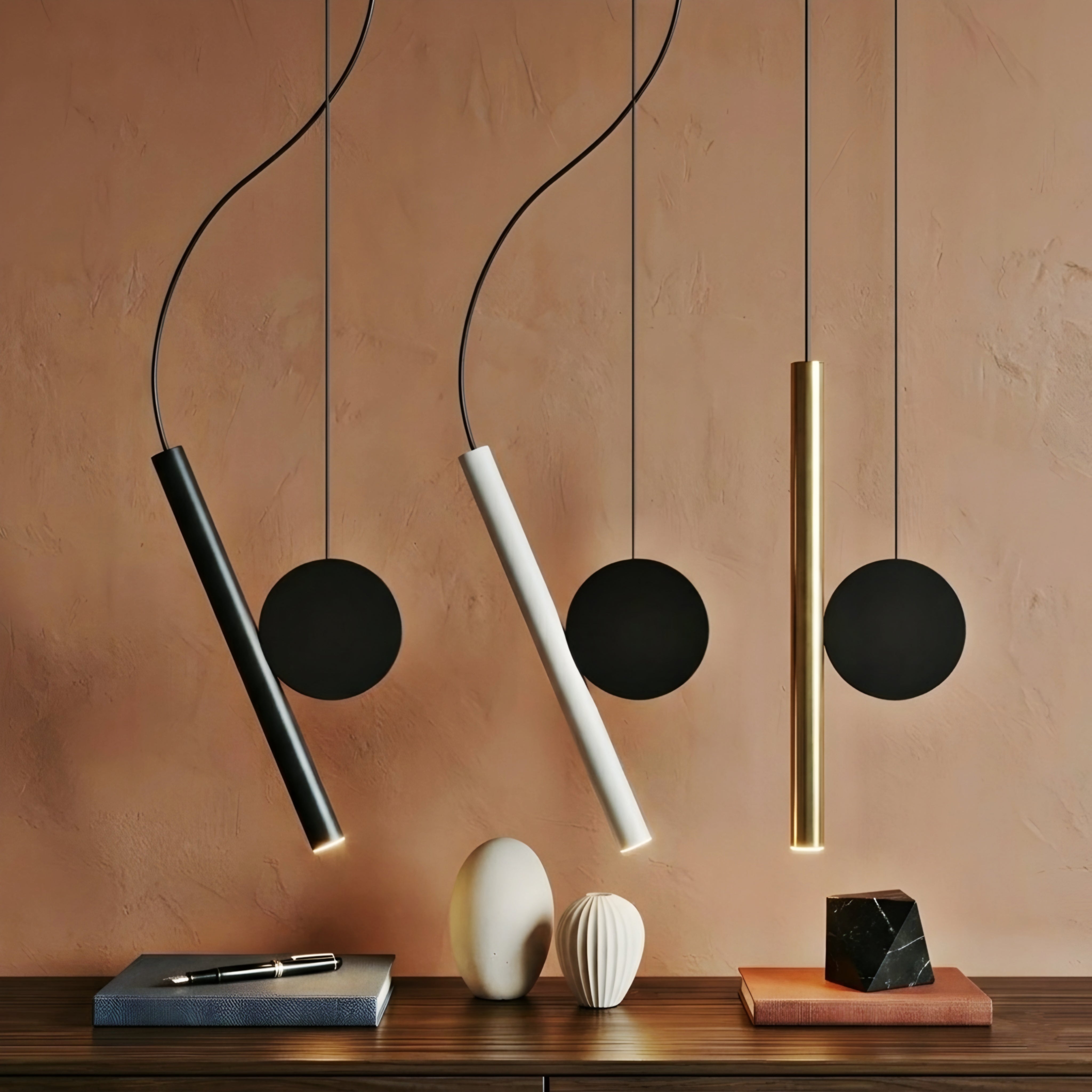 Axiom Pendant Light – Modern Geometric Brass Black Cylinder Disc Hanging Ceiling Fixture Dining Room