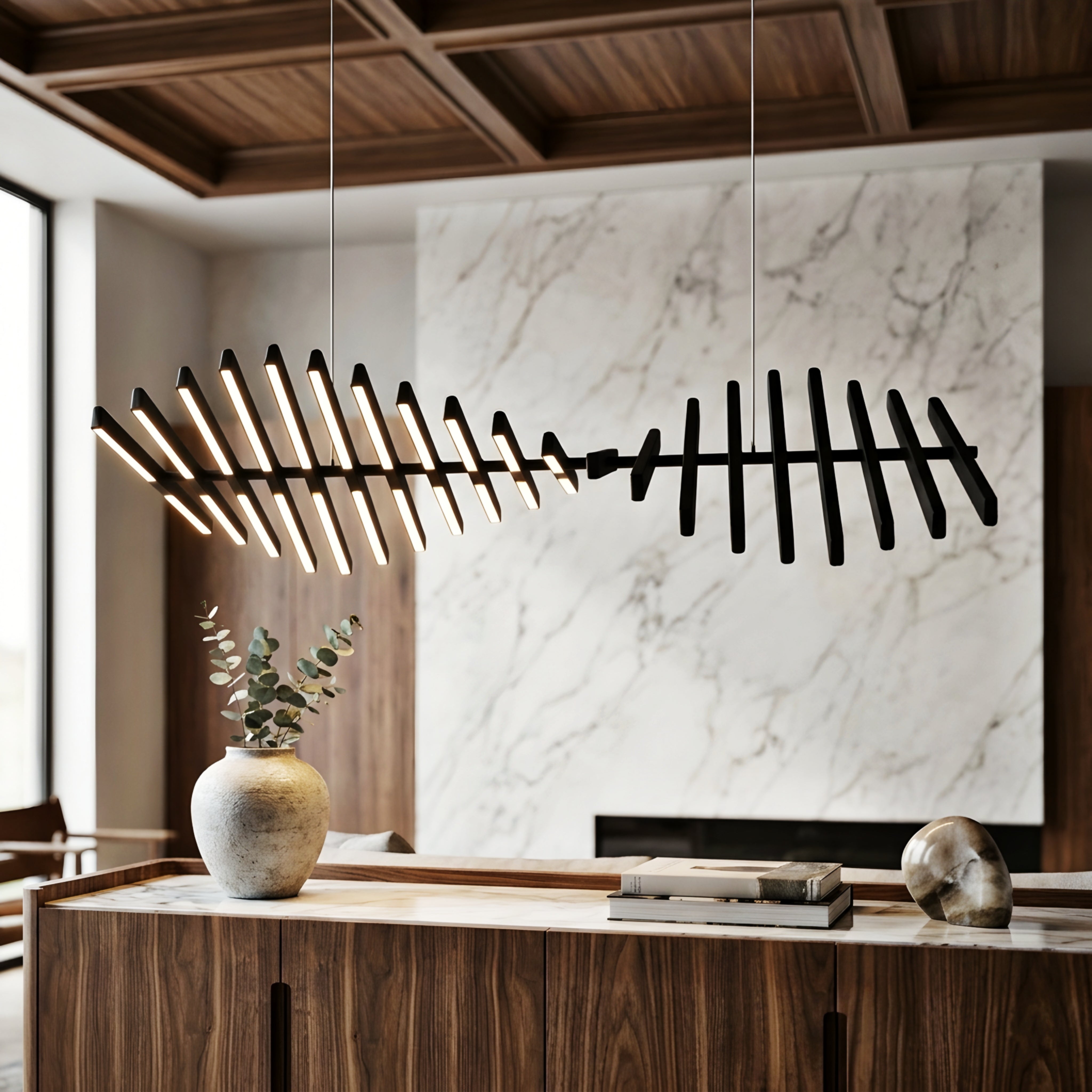 Straton Spine Chandelier – Modern LED Dining Room Ceiling Light Linear Black Decorative Lighting Fixture