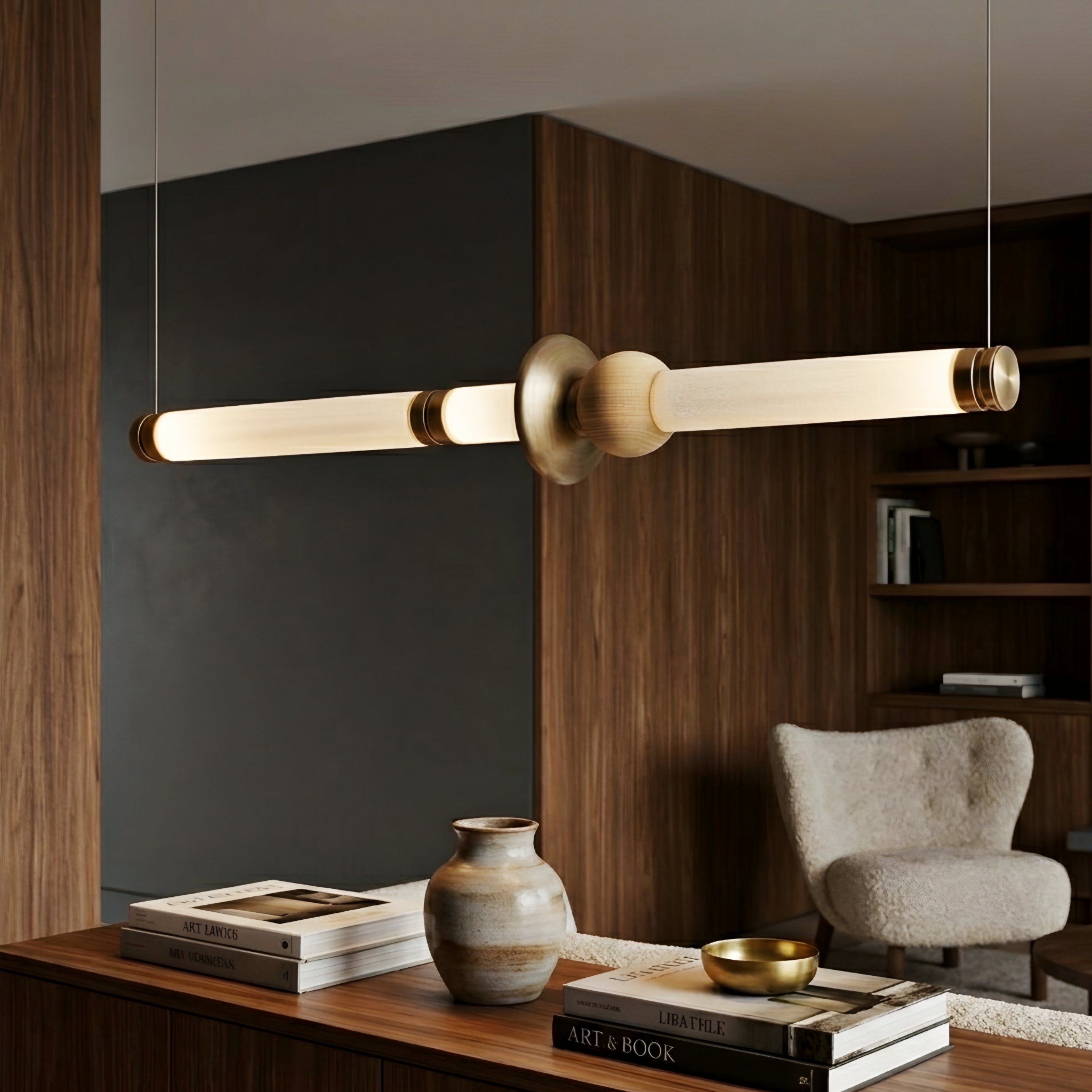 Solvant Linear Pendant Light – Modern Brass Gold Glass Chandelier Dining Room Kitchen Island
