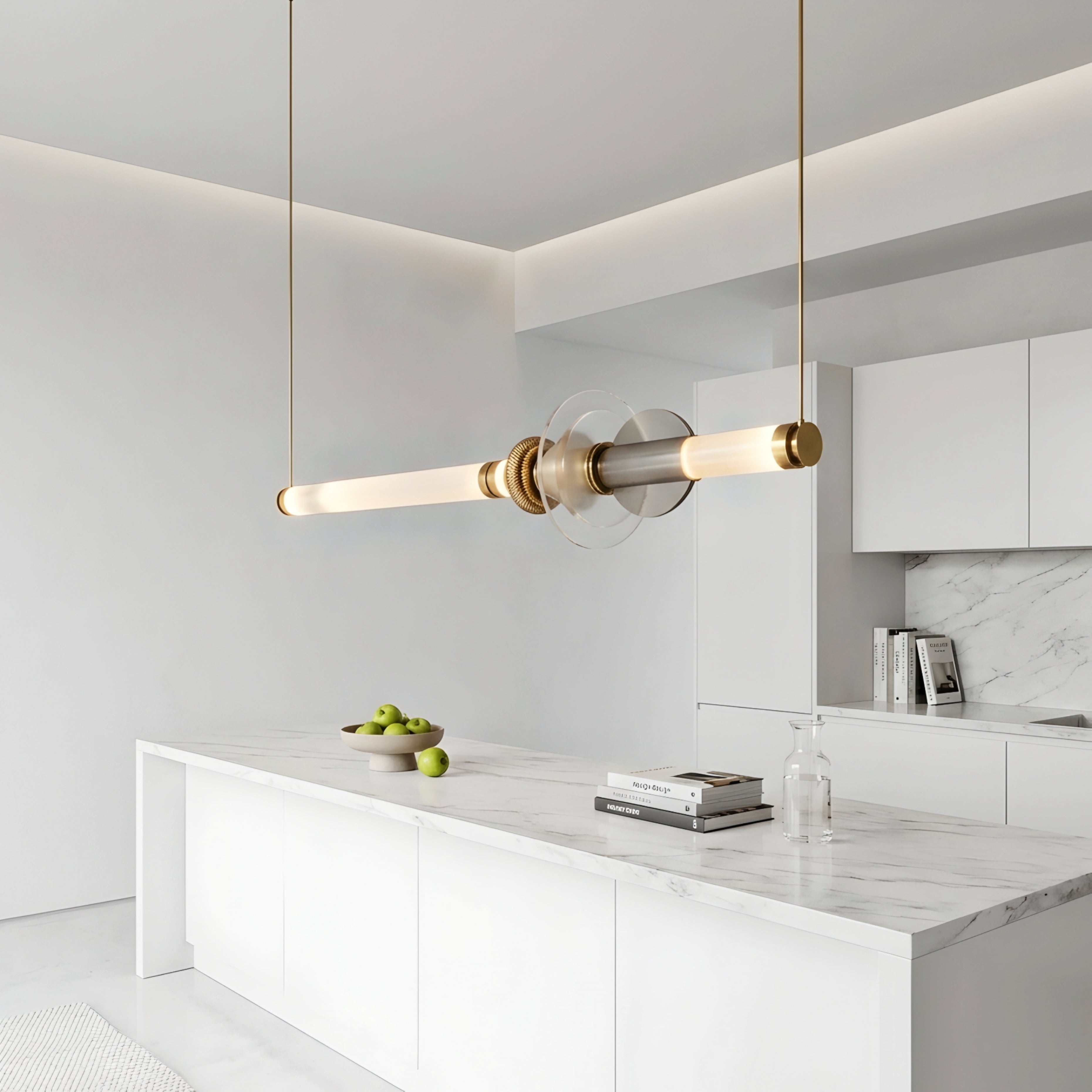 Solvant Linear Pendant Light – Modern Brass Gold Glass Chandelier Dining Room Kitchen Island