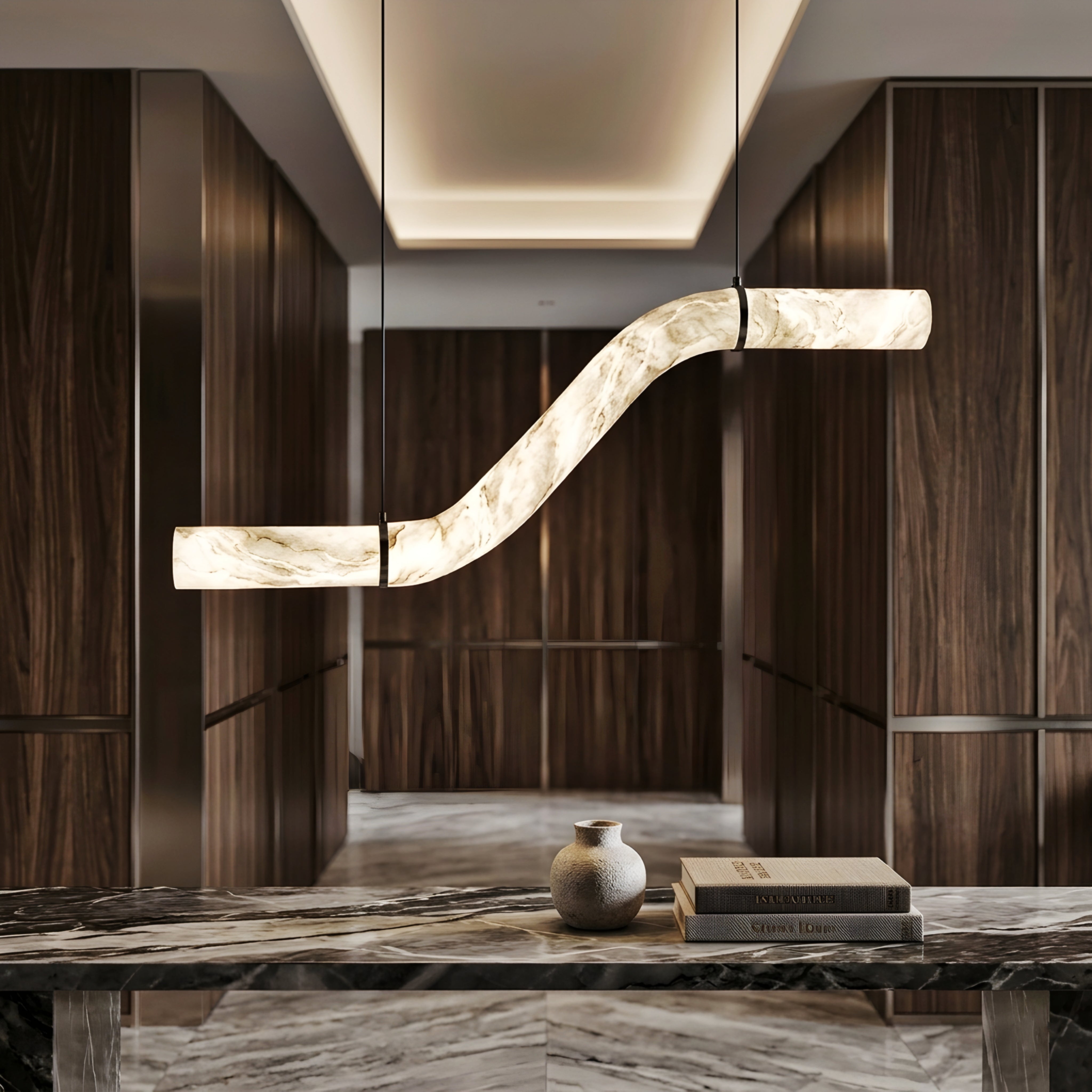 Curvex Wave Pendant Light – Modern LED Marble Effect Curved Hanging Dining Room Ceiling Decorative Lighting