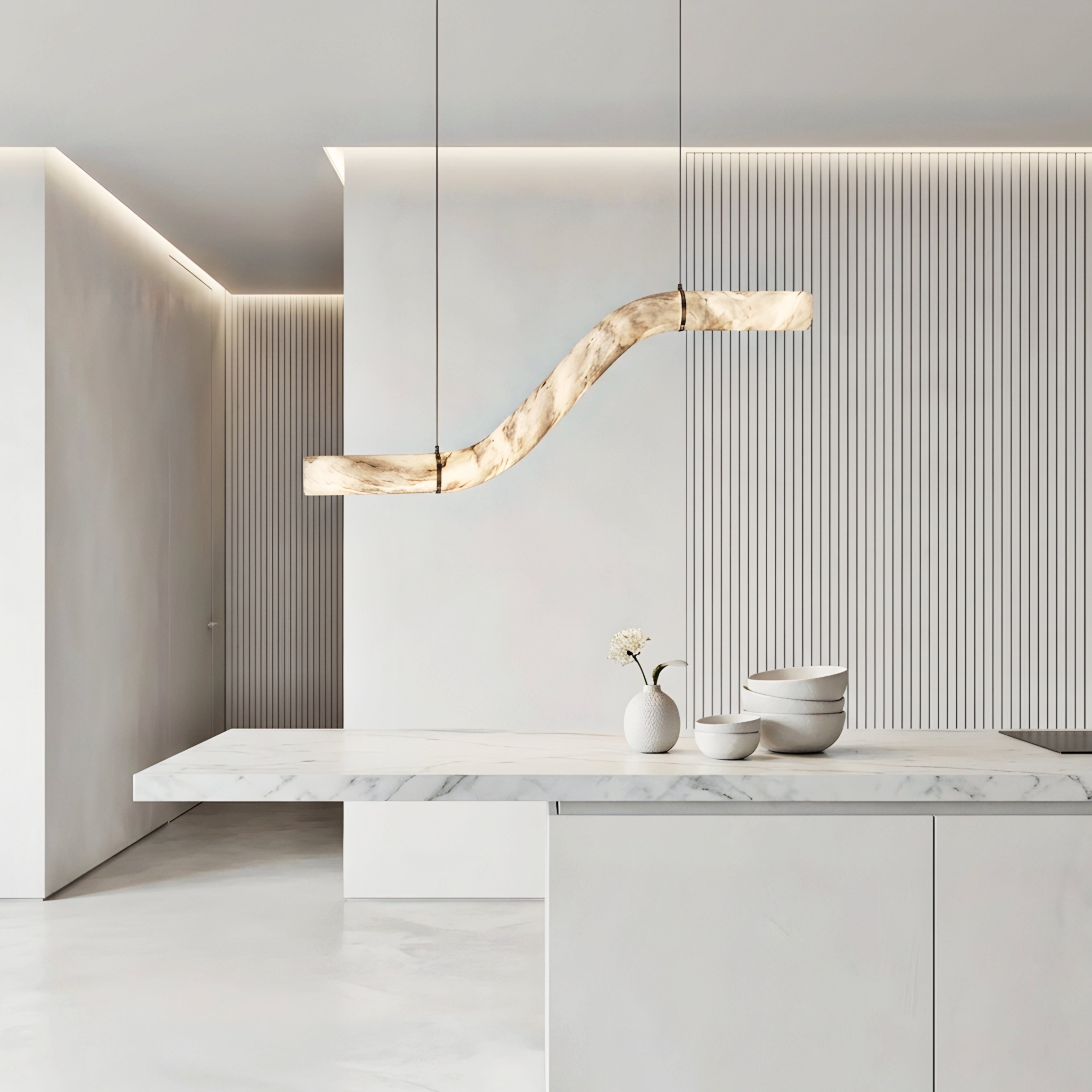 Curvex Wave Pendant Light – Modern LED Marble Effect Curved Hanging Dining Room Ceiling Decorative Lighting