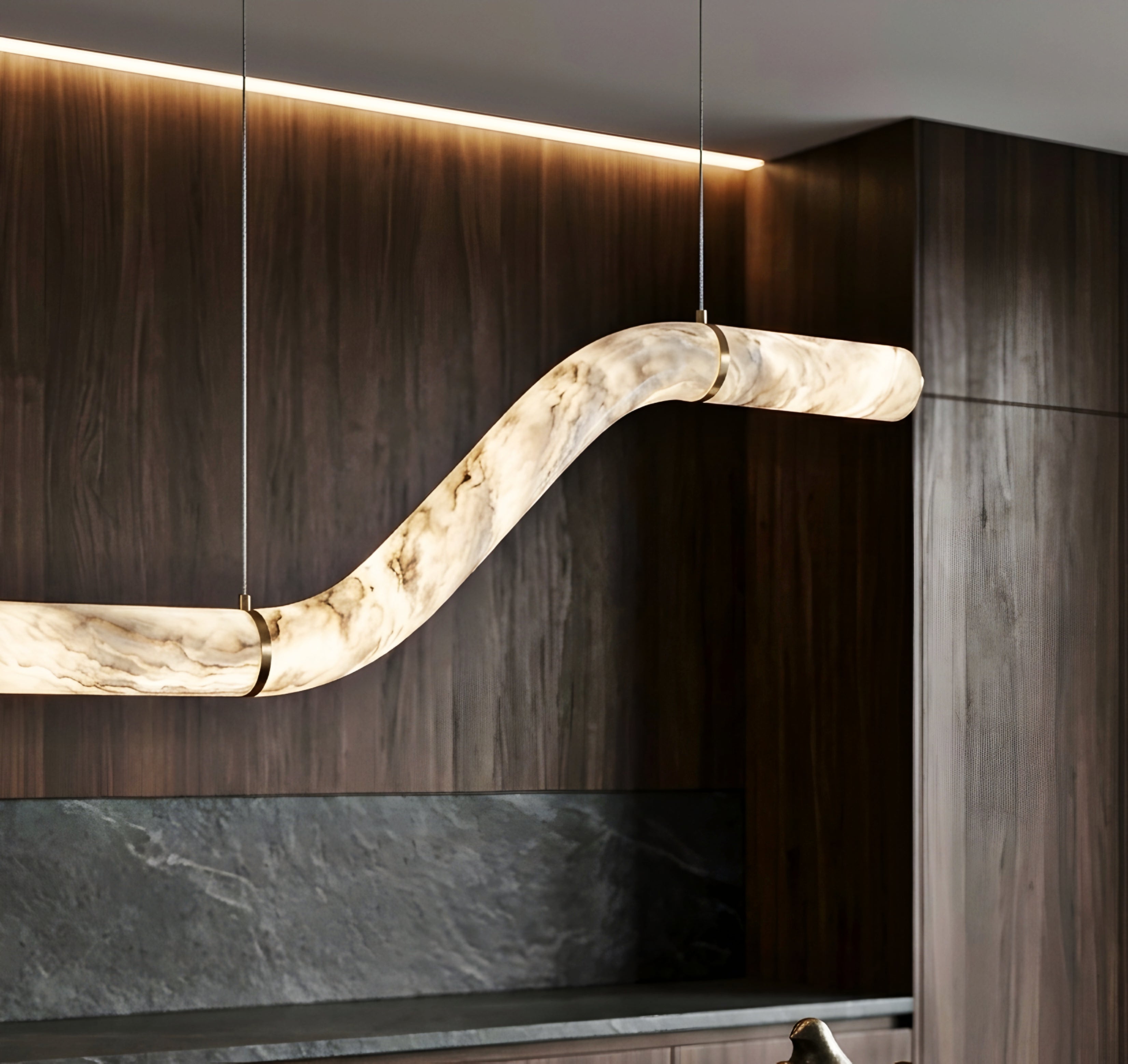 Curvex Wave Pendant Light – Modern LED Marble Effect Curved Hanging Dining Room Ceiling Decorative Lighting