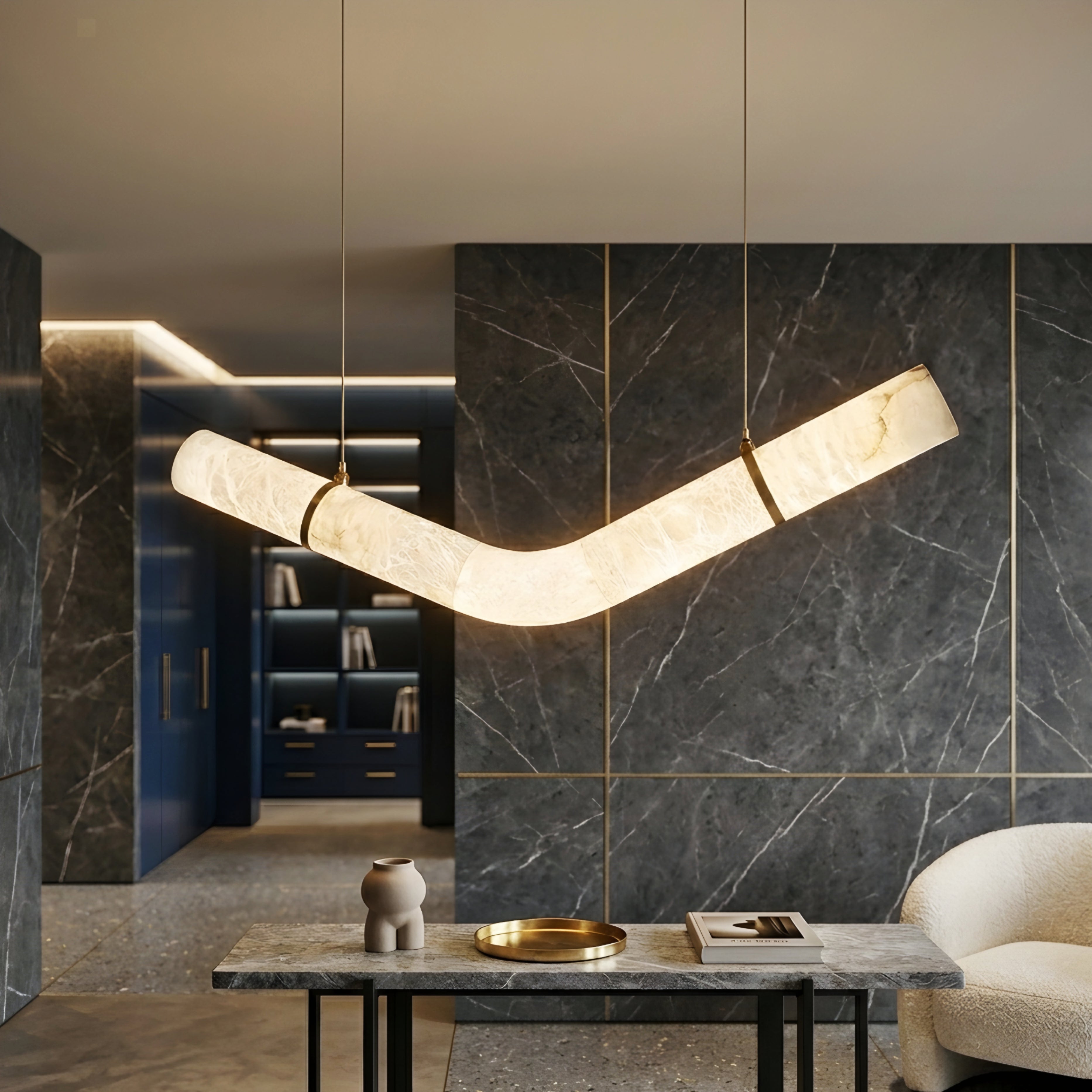 Curvalo Arc Pendant Light – Modern Marble Curved Suspended Dining Room Decorative Lighting Fixture