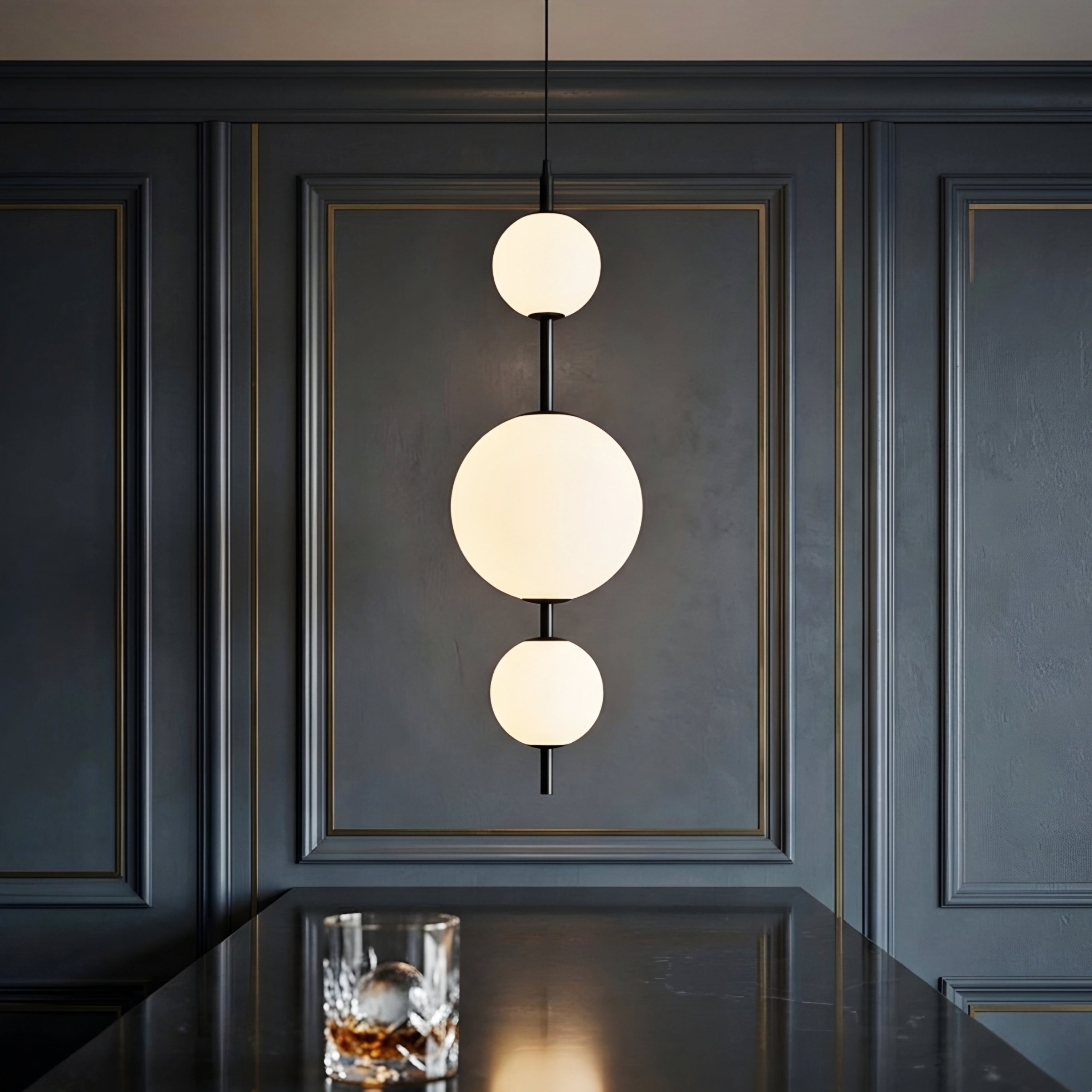 Stratos Sphere Pendant Light – Modern White Glass Ball Chandelier Black Metal Dining Room Kitchen Island