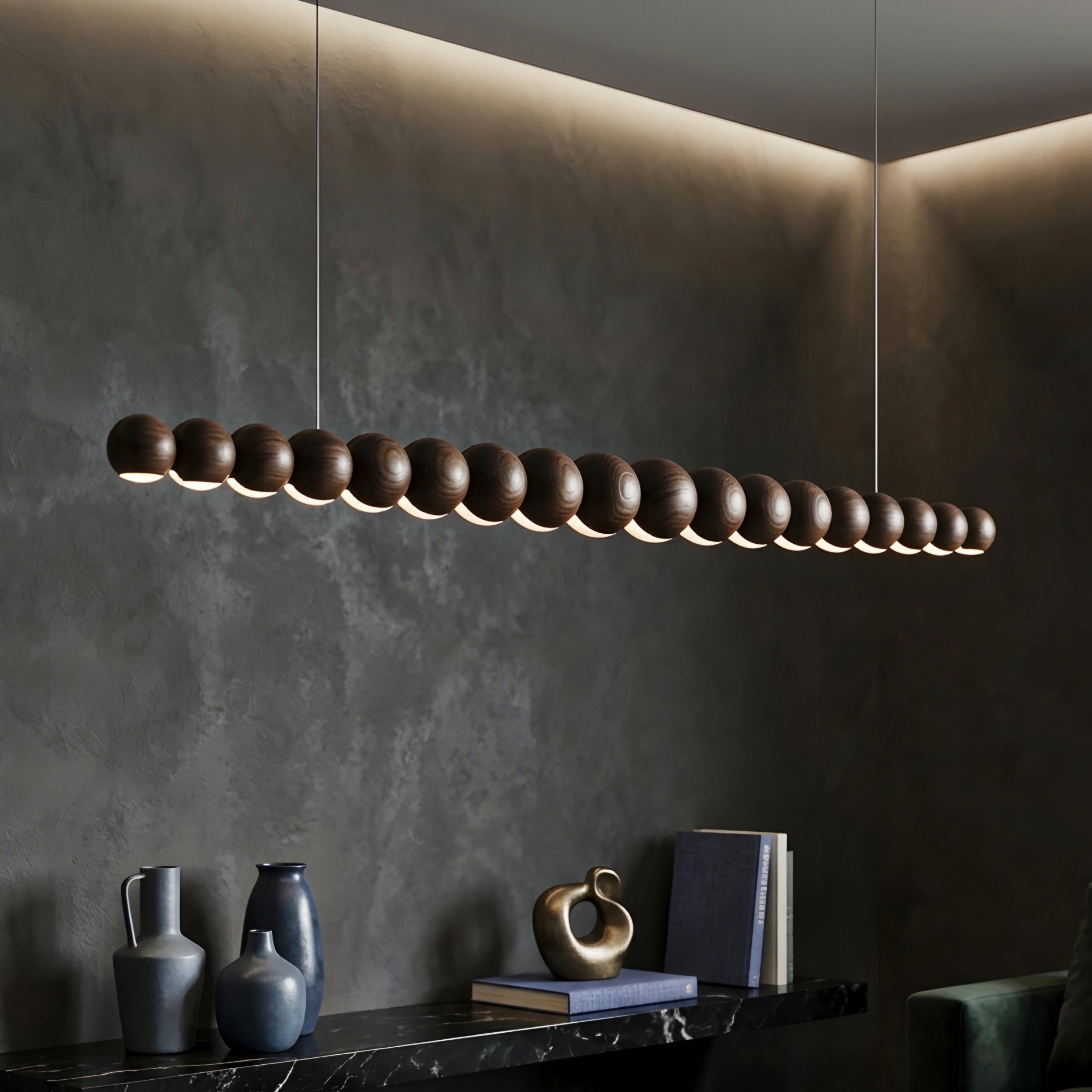 Perlan Linear Pendant Light – LED Wood Sphere Chandelier Dining Room Kitchen Island Modern
