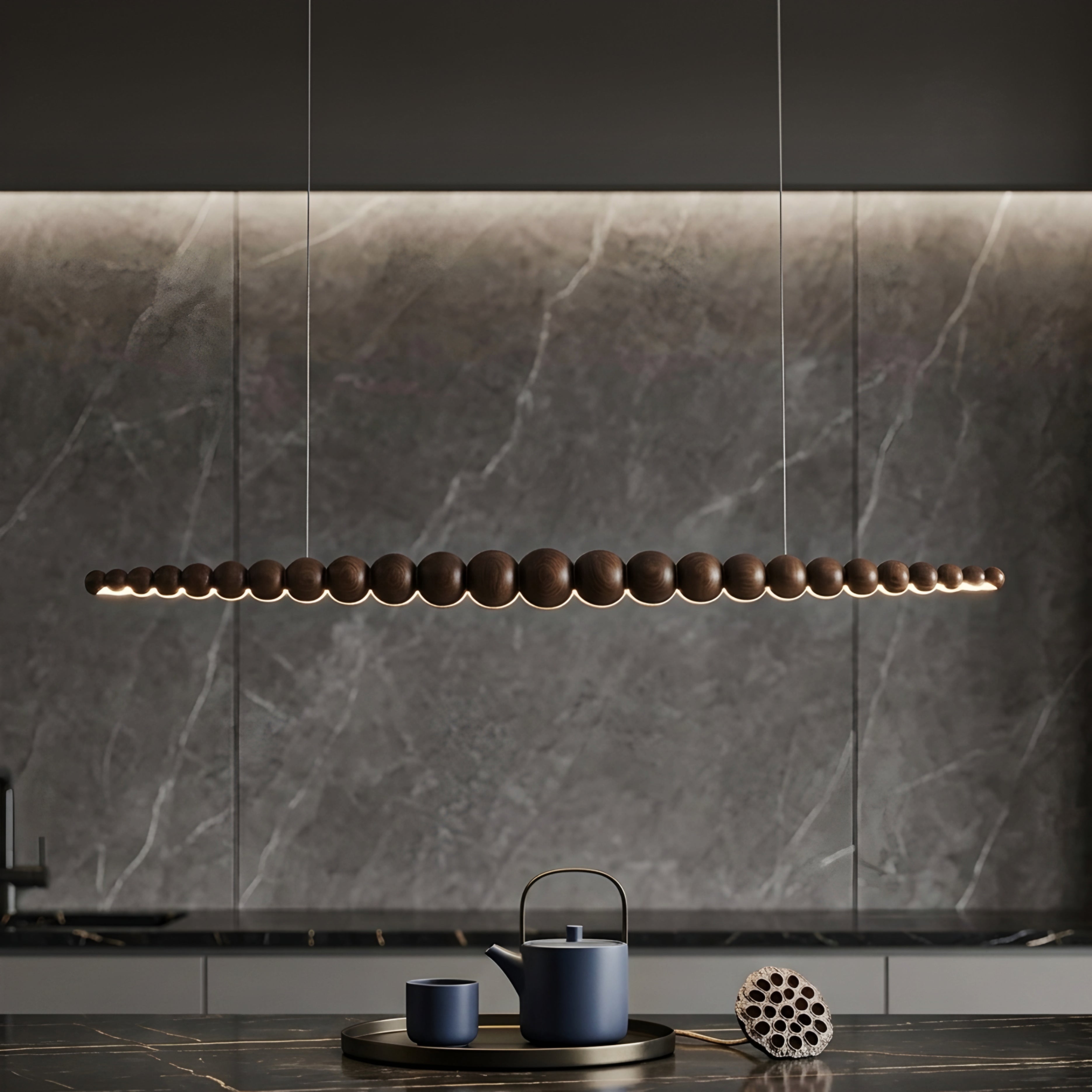Perlan Linear Pendant Light – LED Wood Sphere Chandelier Dining Room Kitchen Island Modern