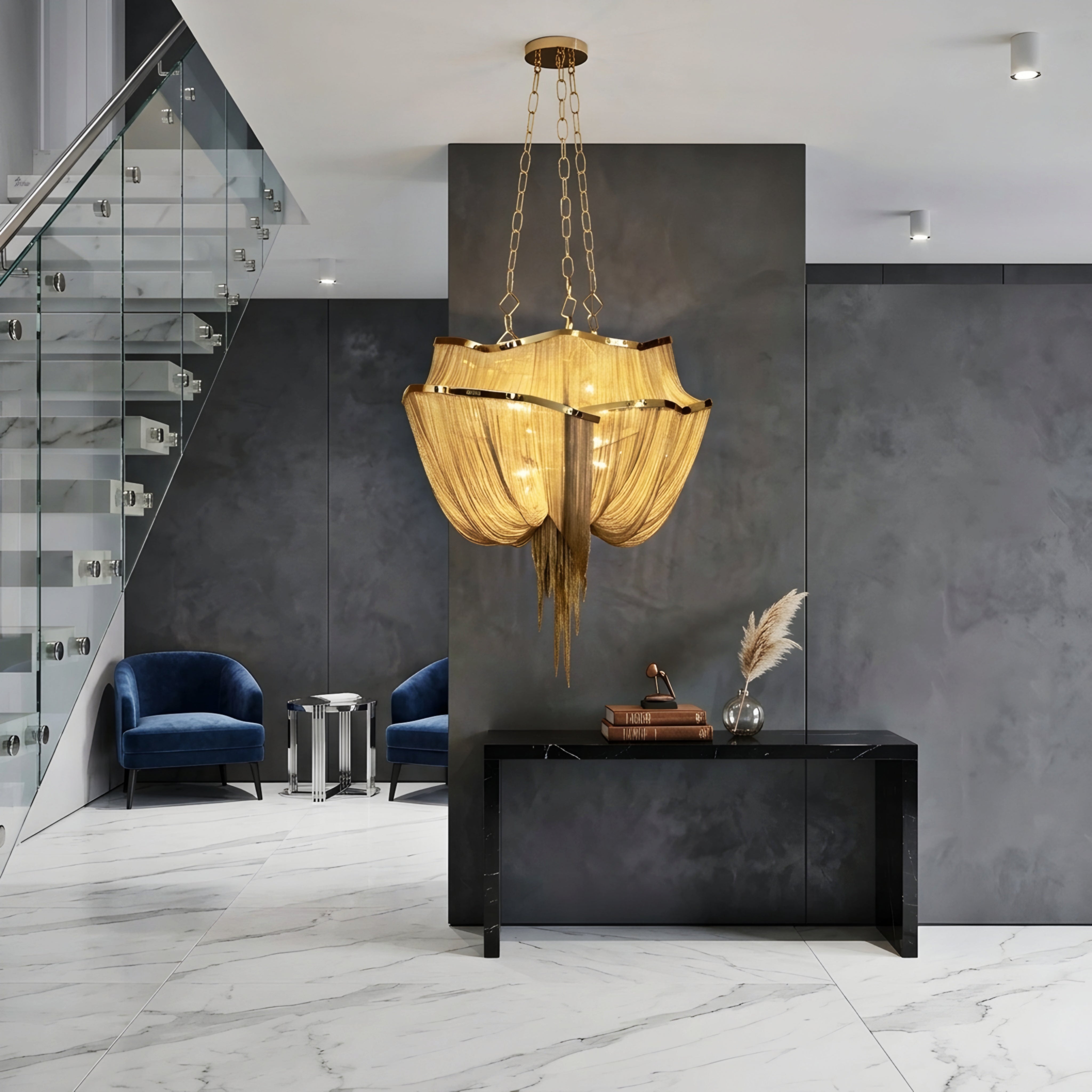 Cascara Tiered Chandelier – Gold Chain Draped Statement Pendant Light Dining Room Living Room Luxury