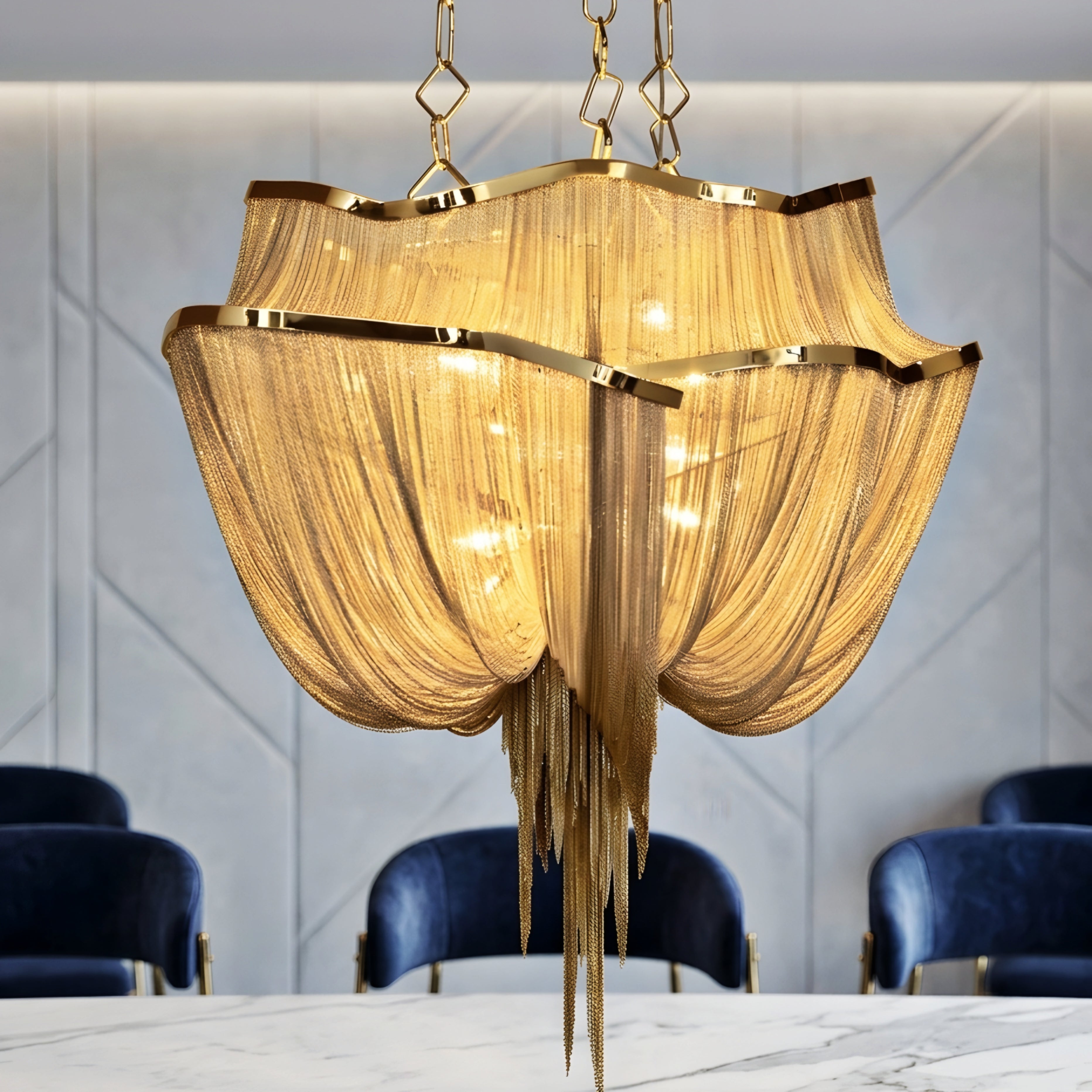 Cascara Tiered Chandelier – Gold Chain Draped Statement Pendant Light Dining Room Living Room Luxury
