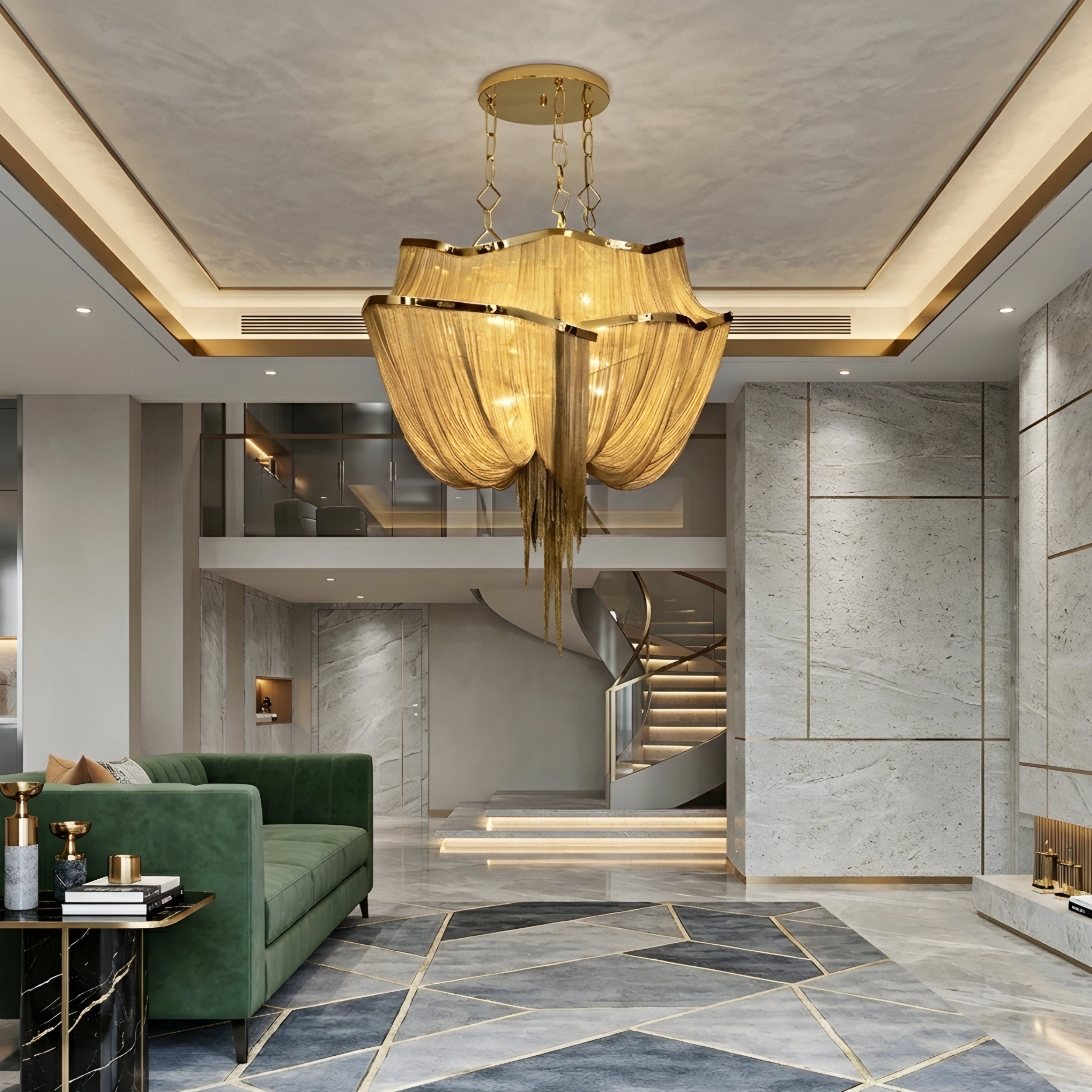 Cascara Tiered Chandelier – Gold Chain Draped Statement Pendant Light Dining Room Living Room Luxury