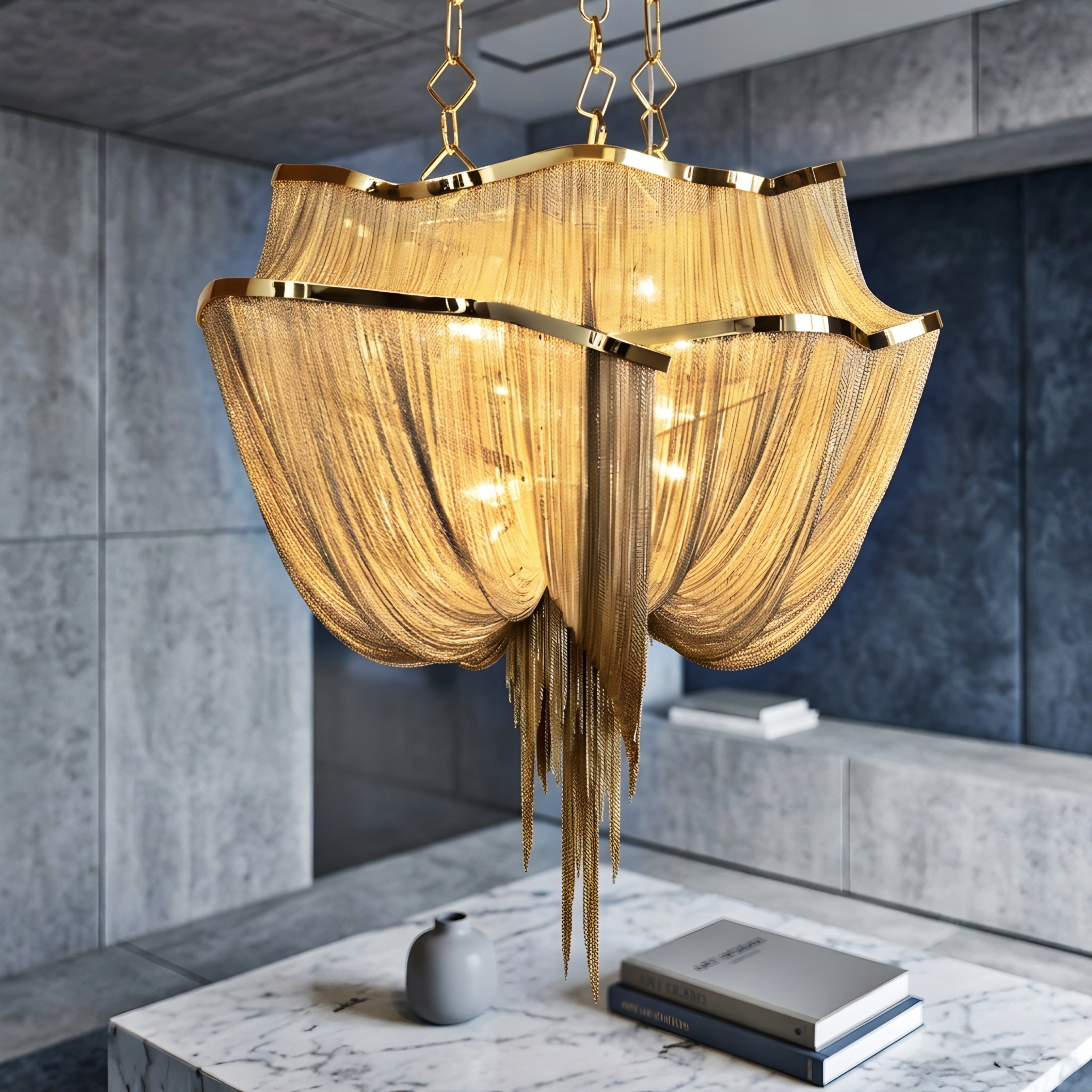 Cascara Tiered Chandelier – Gold Chain Draped Statement Pendant Light Dining Room Living Room Luxury