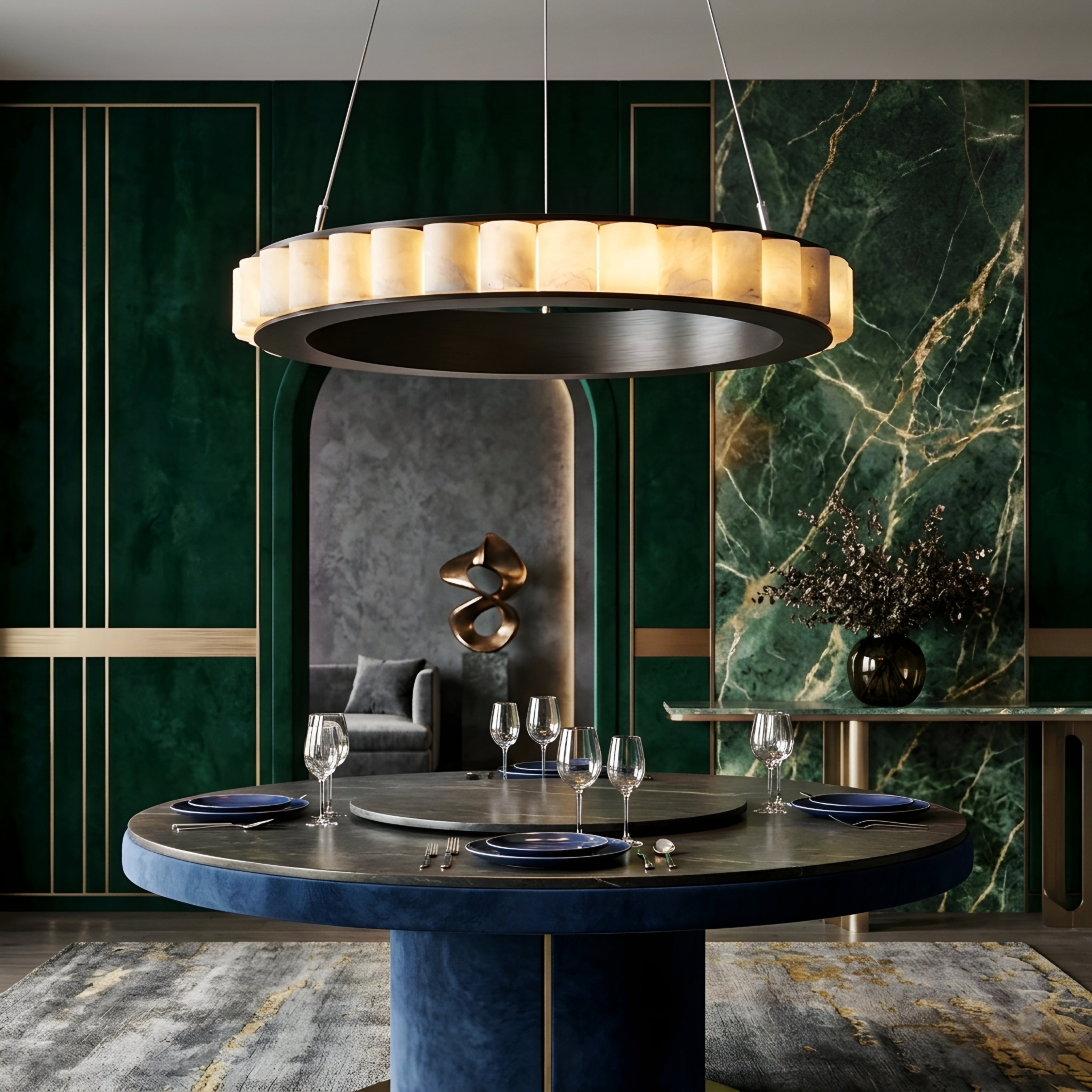 Cascara Ring Pendant Light – Modern Gold Brass Marble Chandelier Dining Room Living Room Ceiling