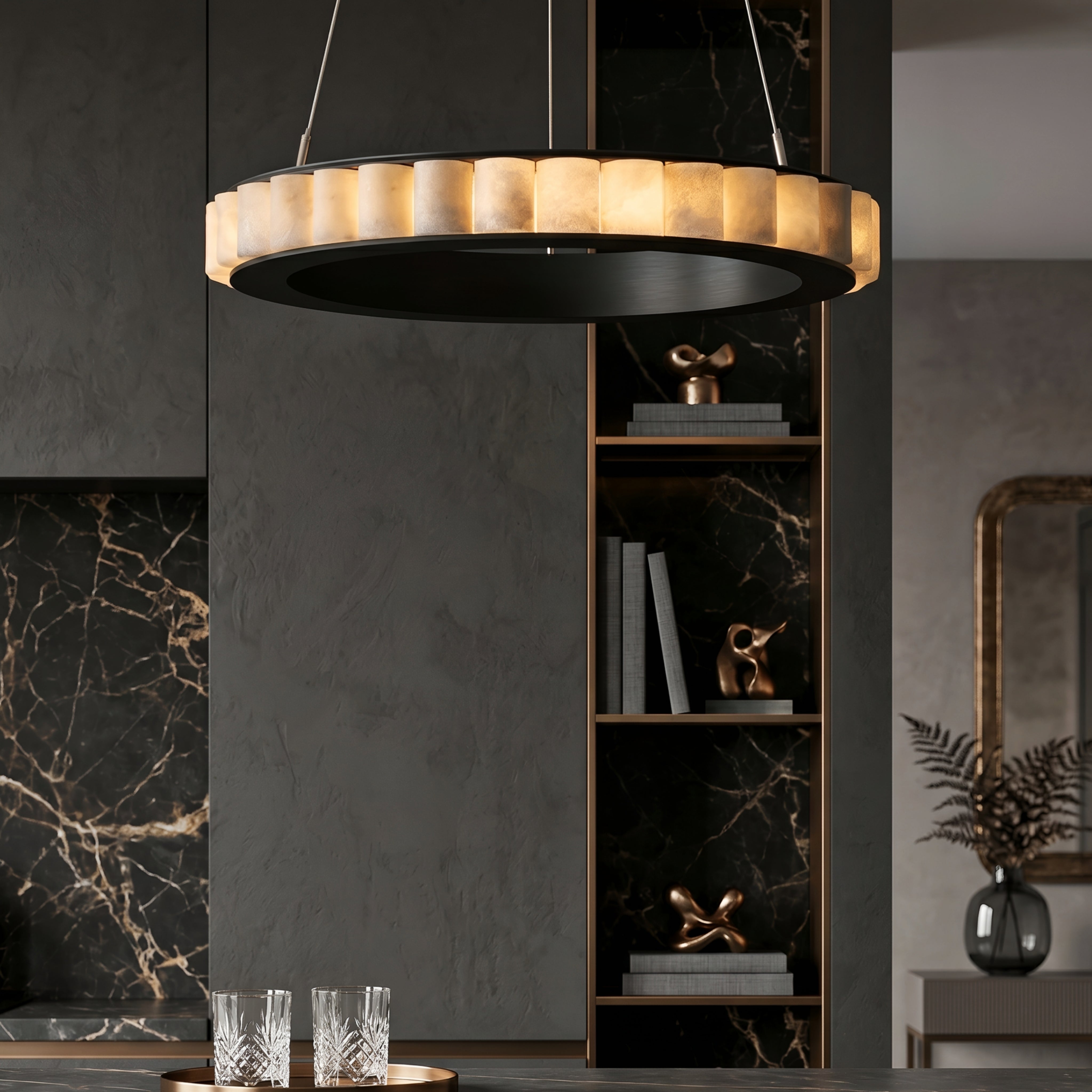 Cascara Ring Pendant Light – Modern Gold Brass Marble Chandelier Dining Room Living Room Ceiling
