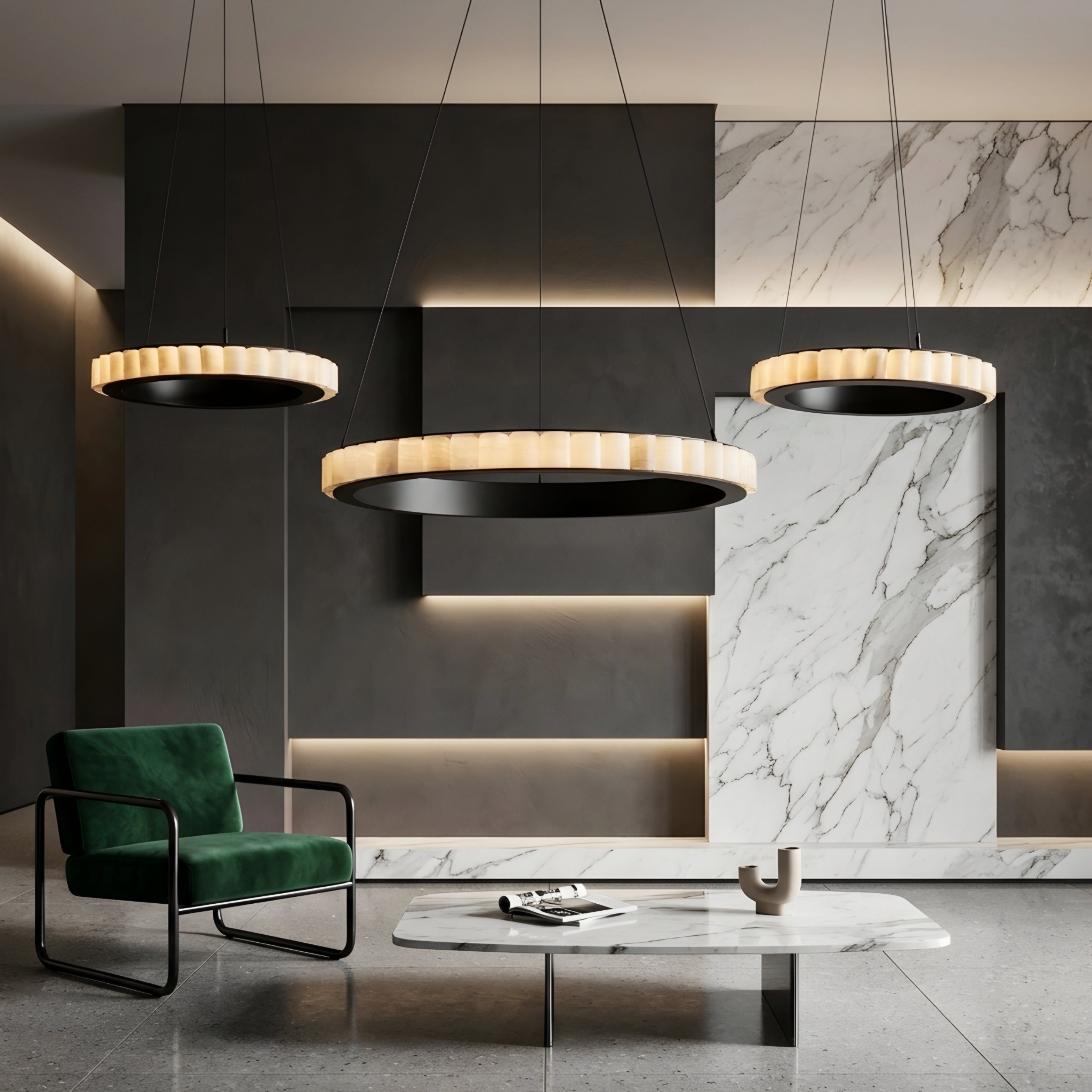 Cascara Ring Pendant Light – Modern Gold Brass Marble Chandelier Dining Room Living Room Ceiling