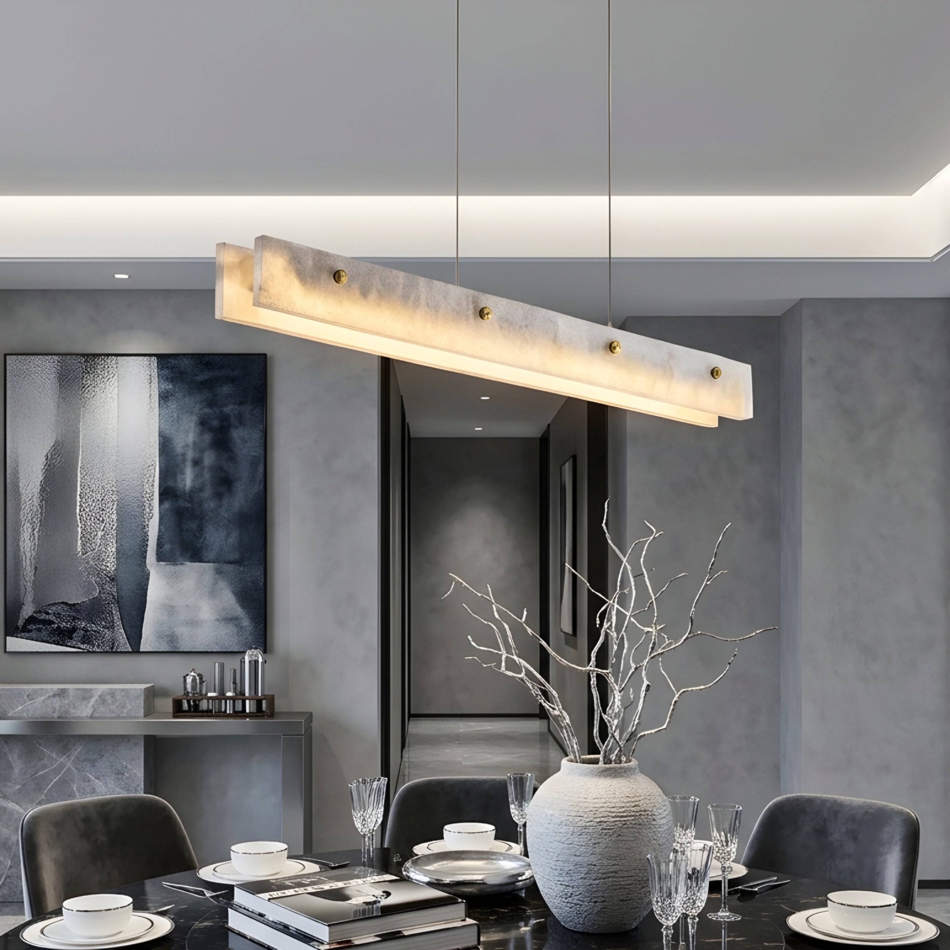 Marvex Linear Pendant Light – Modern Marble Hanging Fixture Dining Room Kitchen Island Decorative Lighting