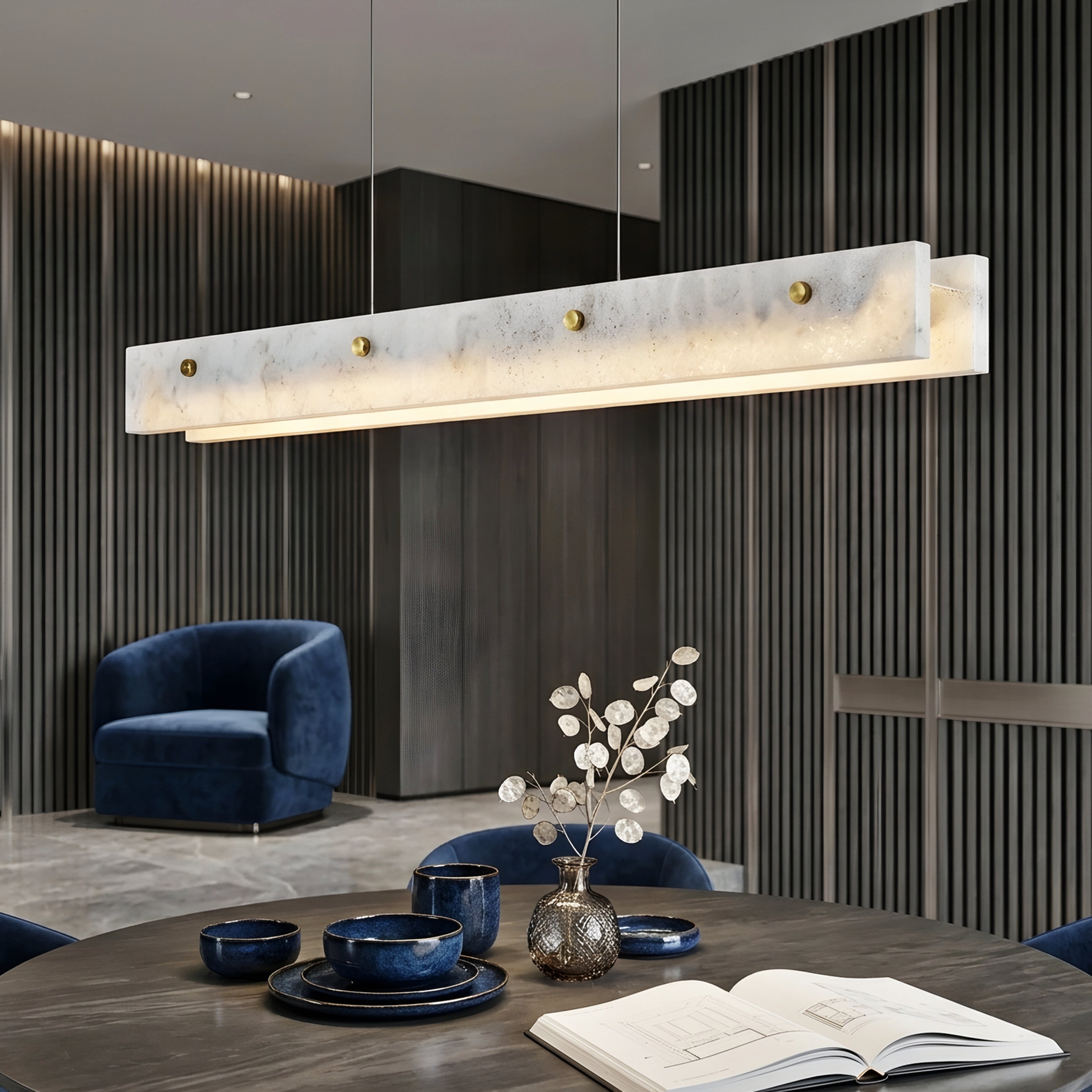 Marvex Linear Pendant Light – Modern Marble Hanging Fixture Dining Room Kitchen Island Decorative Lighting