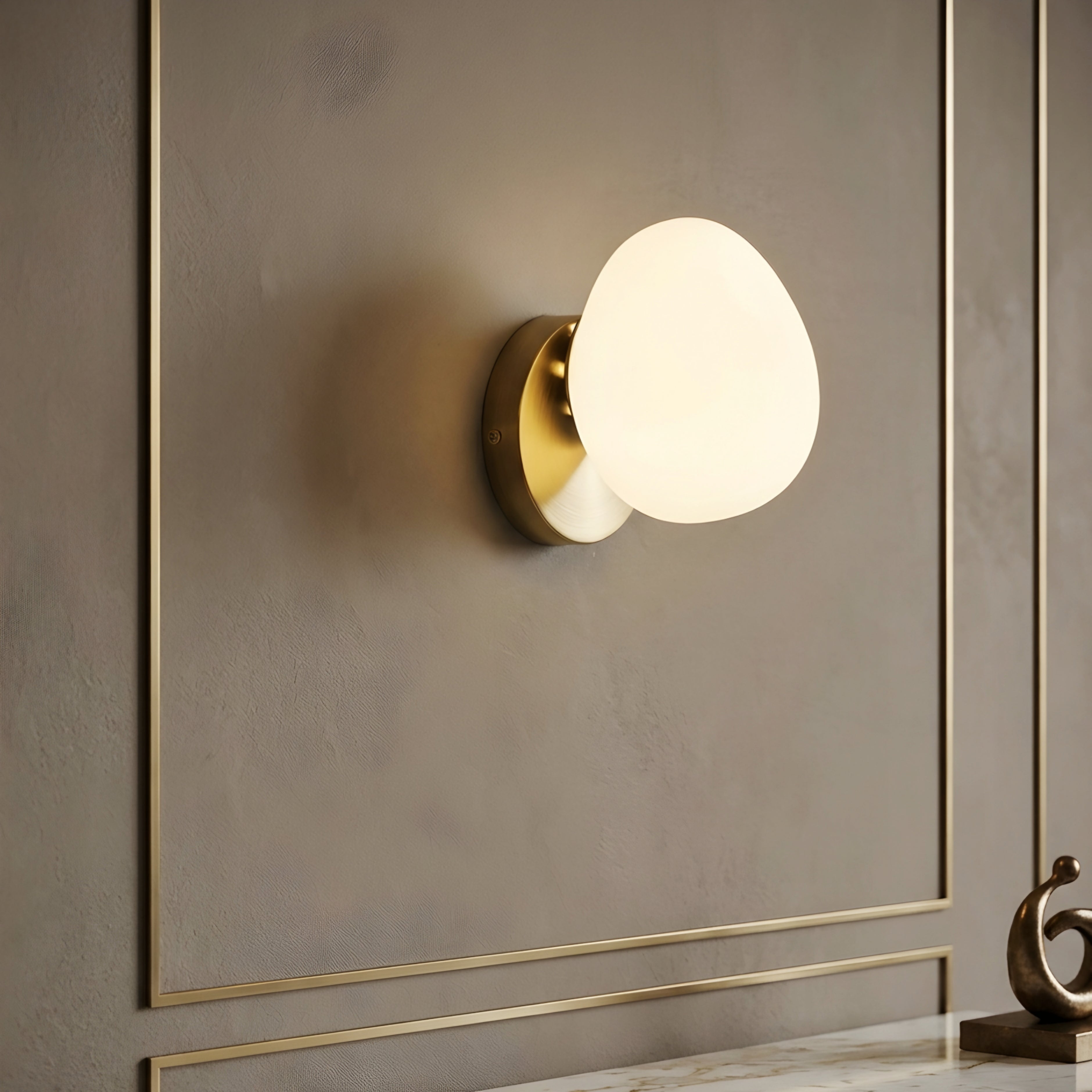 Ovella Globe Wall Sconce – Modern Brass White Glass Bedroom Bathroom Vanity Decorative Lighting