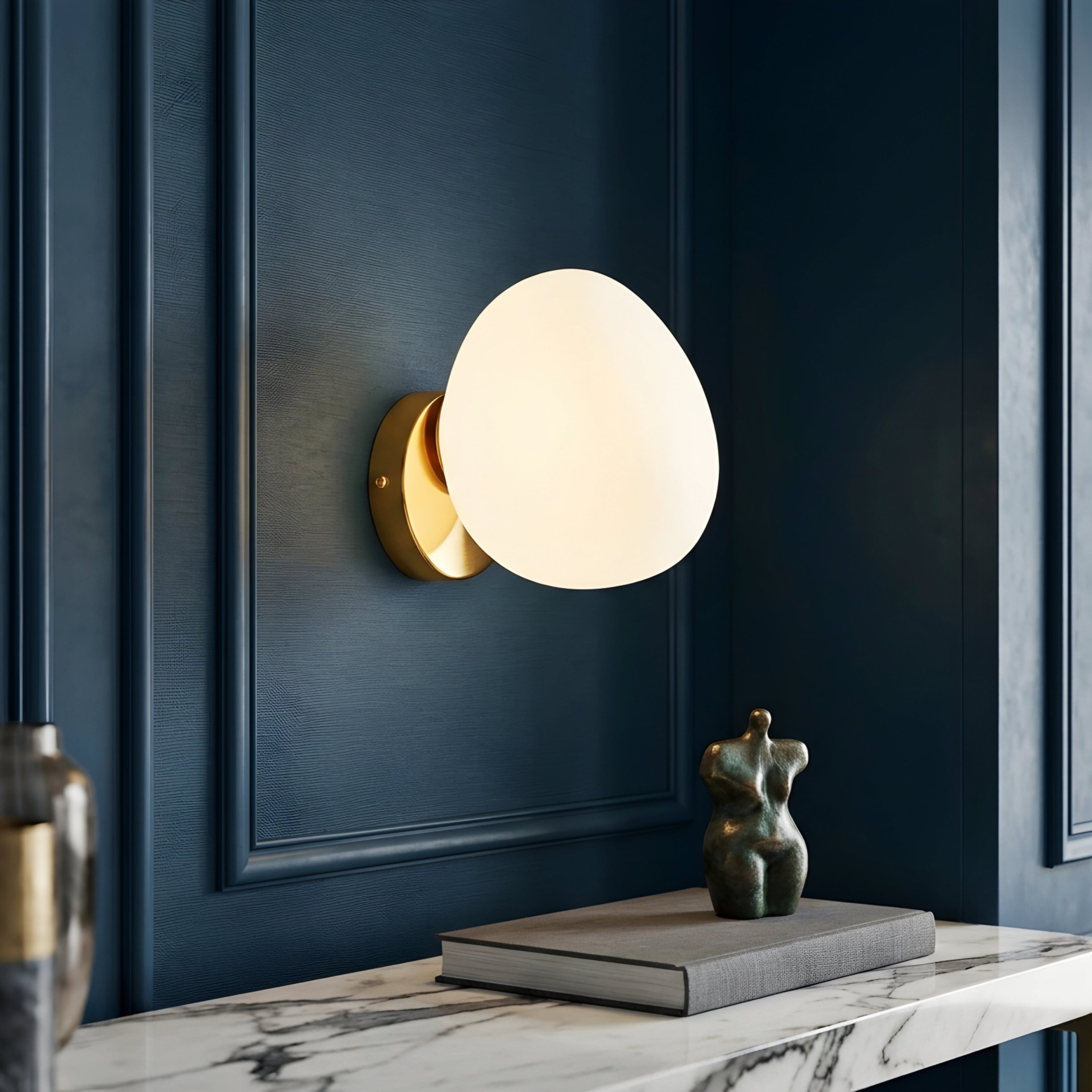 Ovella Globe Wall Sconce – Modern Brass White Glass Bedroom Bathroom Vanity Decorative Lighting