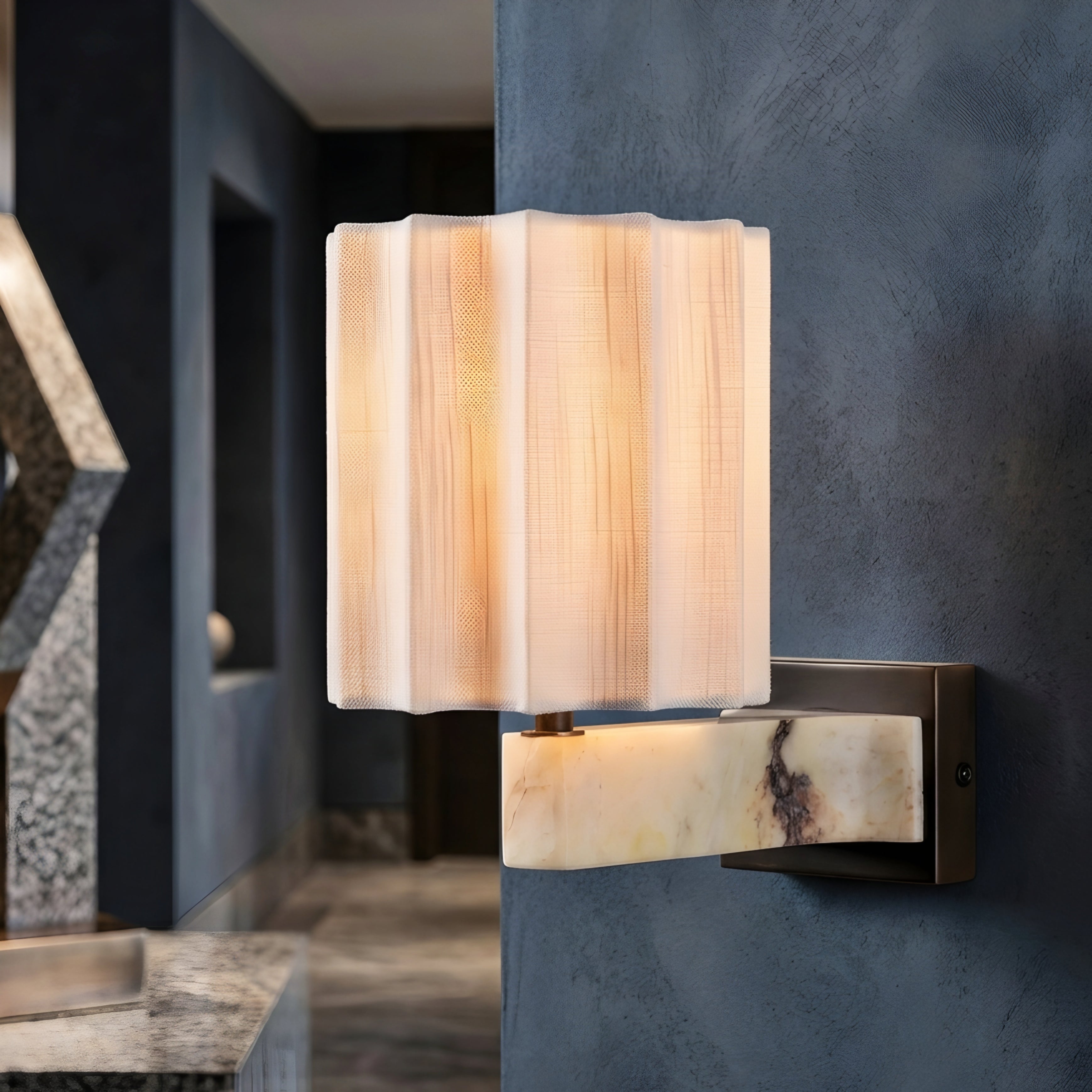 Calyx Marble Wall Sconce – Modern Bedroom Living Room Decorative Lighting Fabric Shade Bronze Fixture