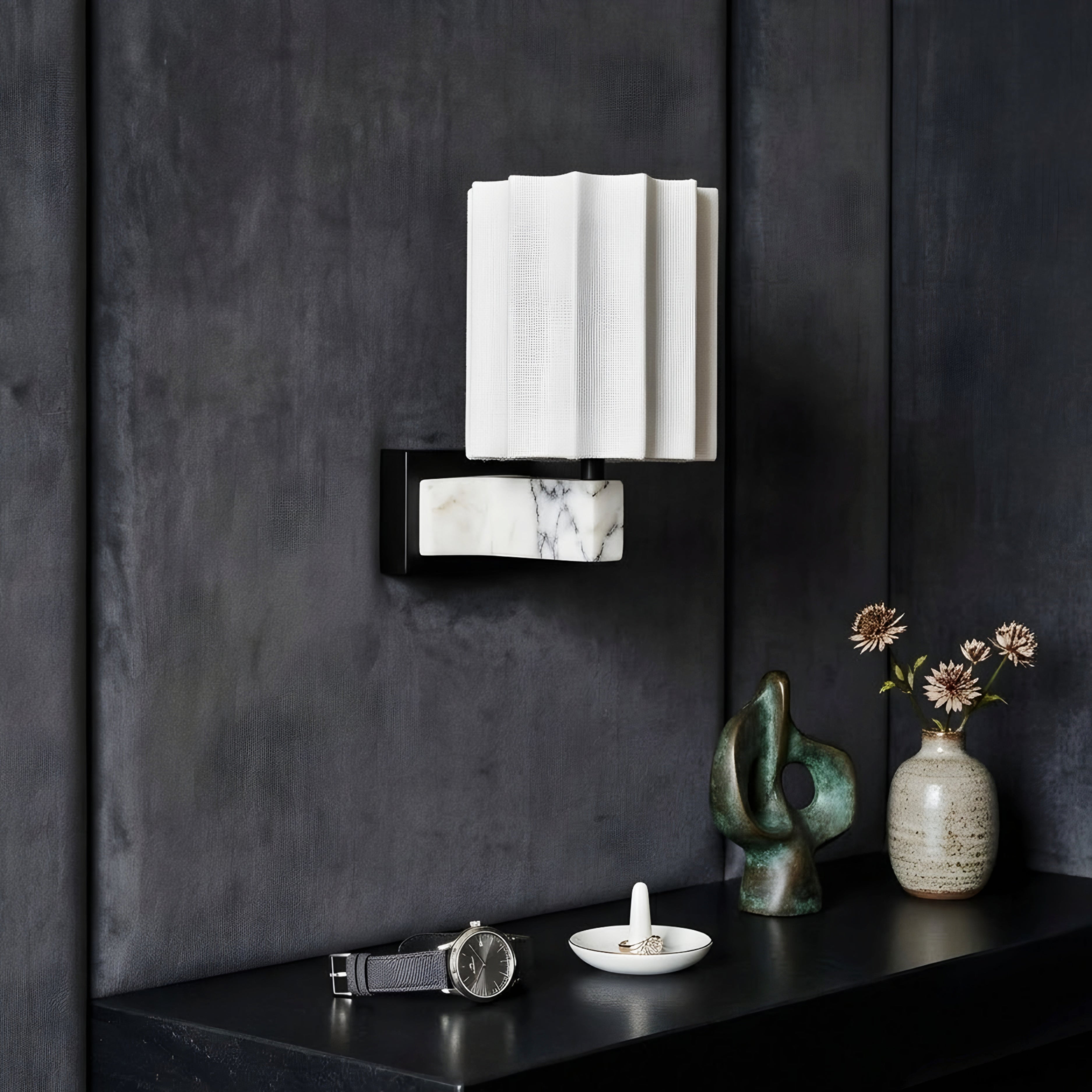 Calyx Marble Wall Sconce – Modern Bedroom Living Room Decorative Lighting Fabric Shade Bronze Fixture