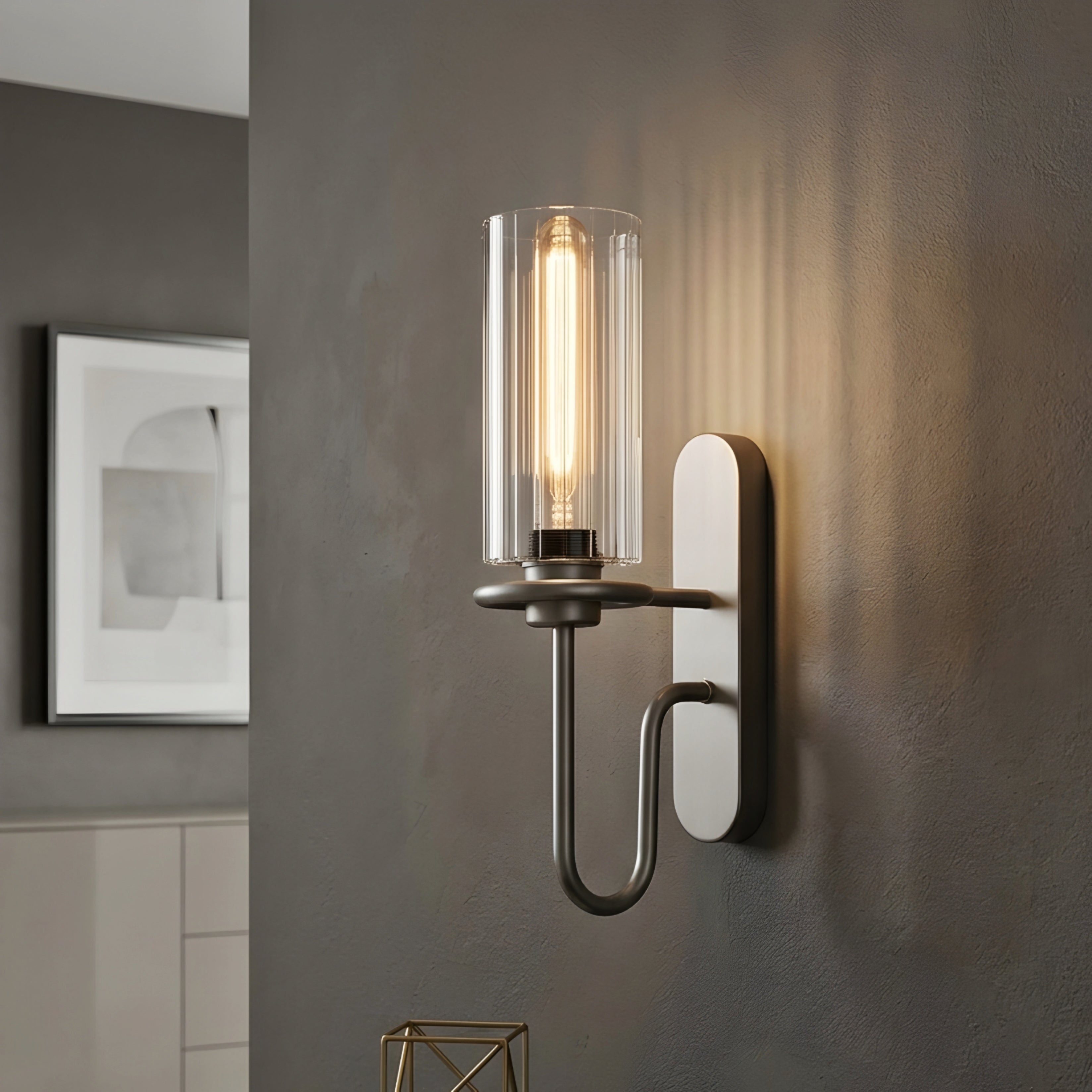 Caldex Glass Wall Sconce – Modern Smoke Glass Decorative Lighting Bedroom Living Room Brushed Nickel